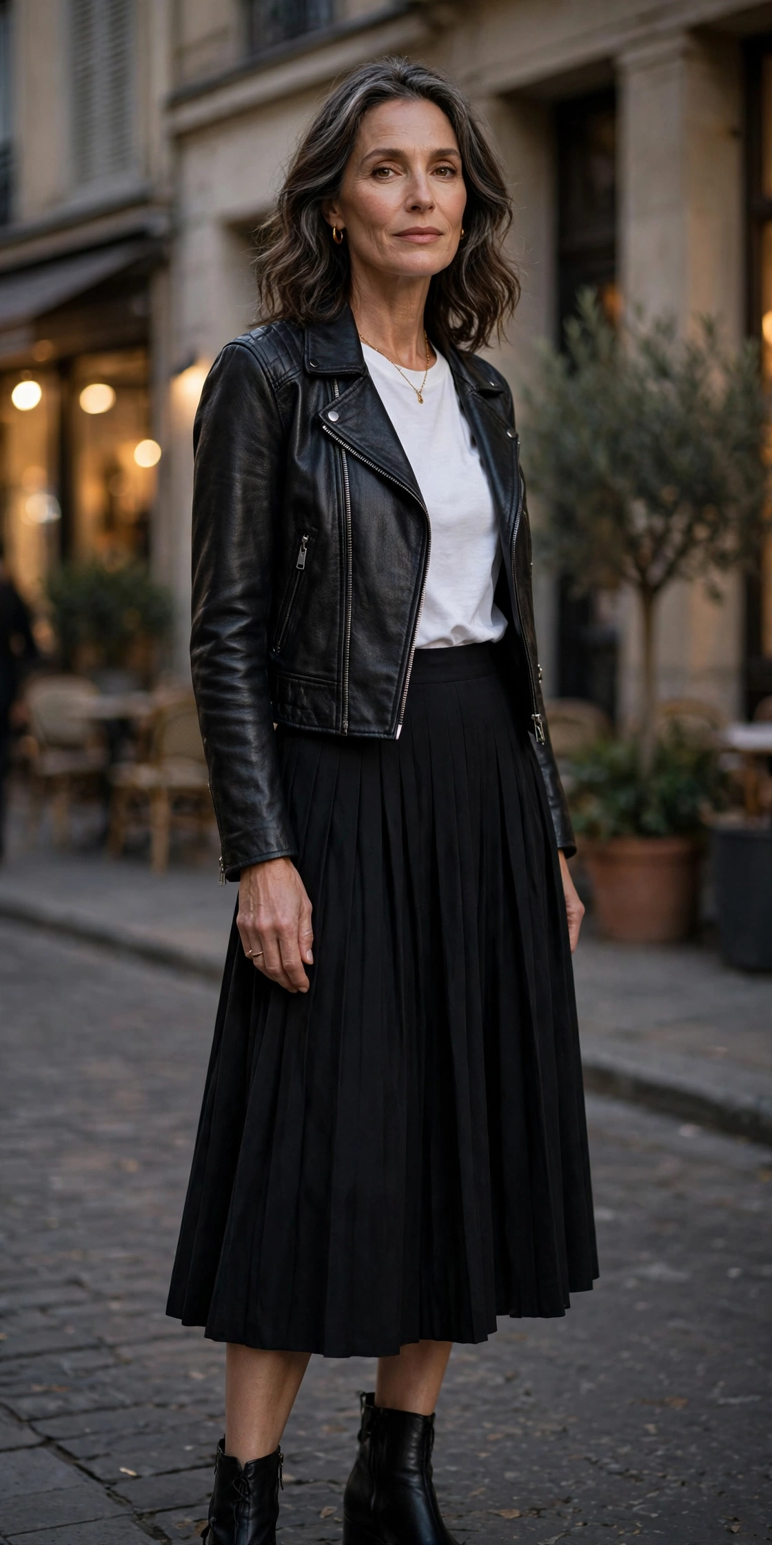 Black Pleated Midi White Tee Leather Jacket - pleated skirt outfit for women over 50