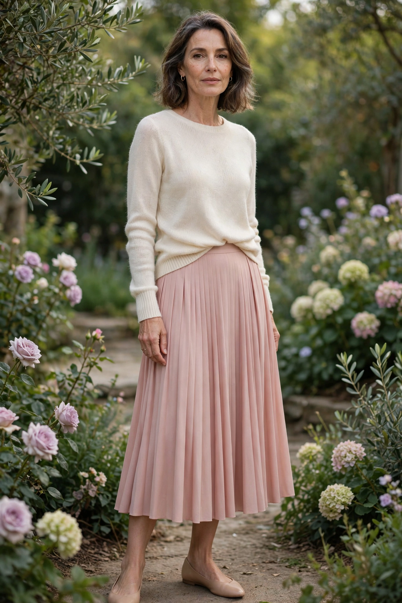 Blush Pleated Midi Cream Sweater - pleated skirt outfit for women over 50