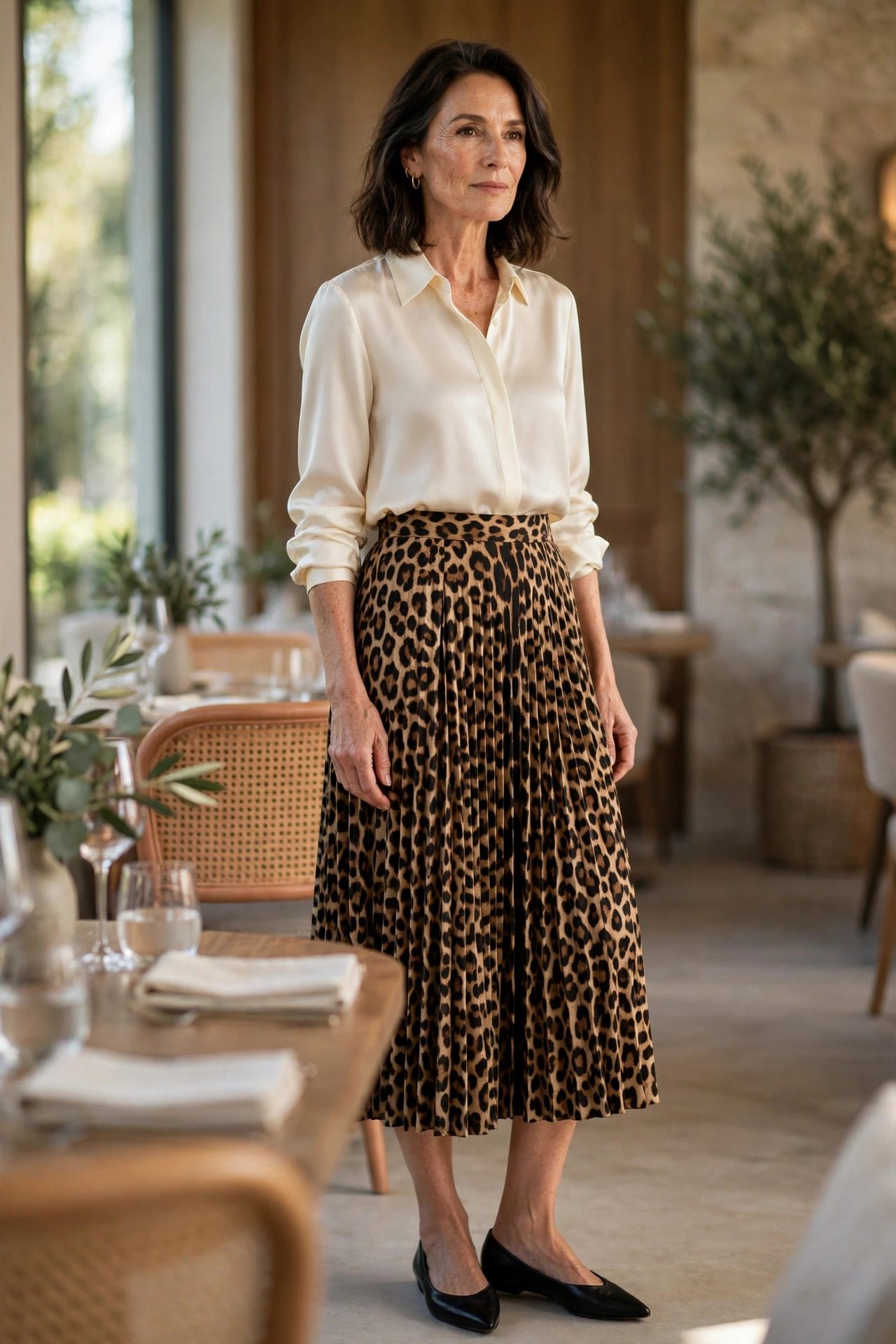 Leopard Pleated Midi Cream Silk Blouse - pleated skirt outfit for women over 50