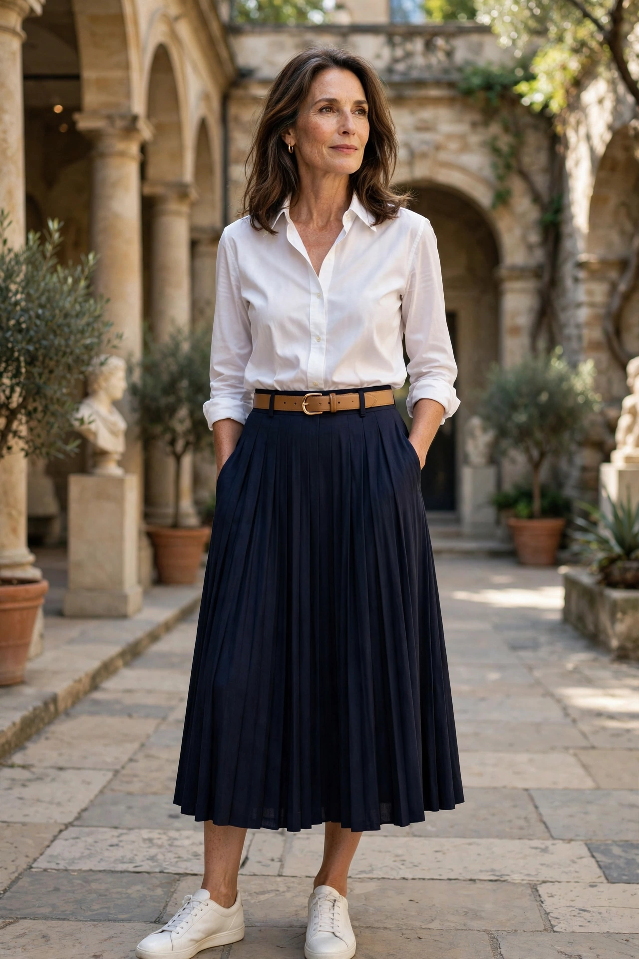 Navy Pleated Midi White Shirt Tan Belt - pleated skirt outfit for women over 50