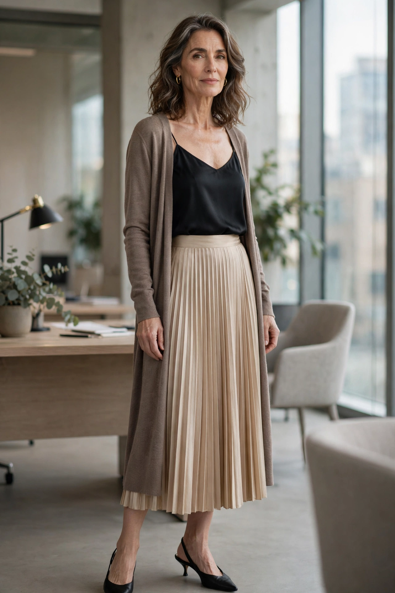 Champagne Pleated Midi Black Cami Cardigan - pleated skirt outfit for women over 50