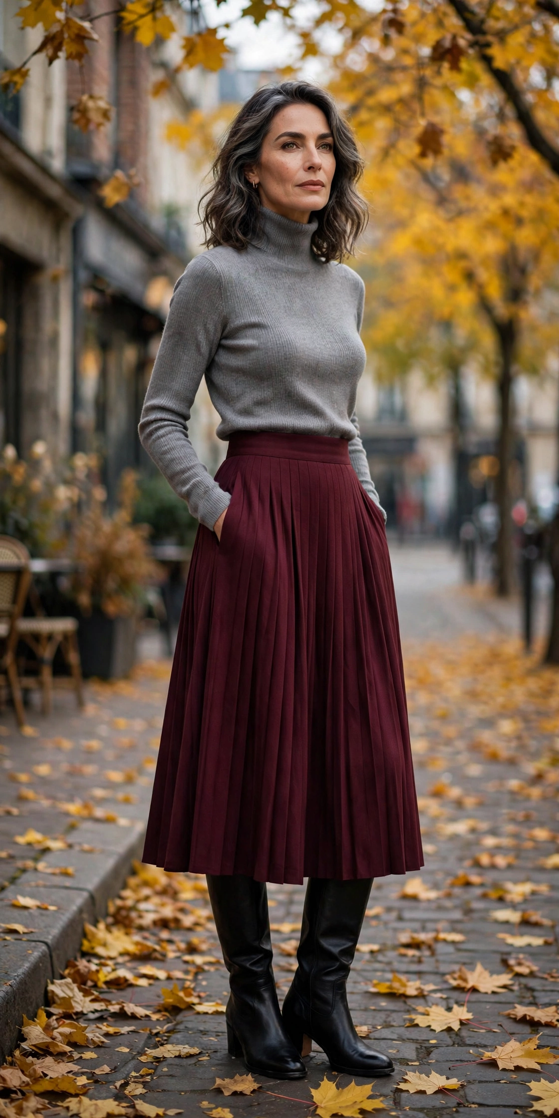 Burgundy Pleated Midi Gray Turtleneck - pleated skirt outfit for women over 50