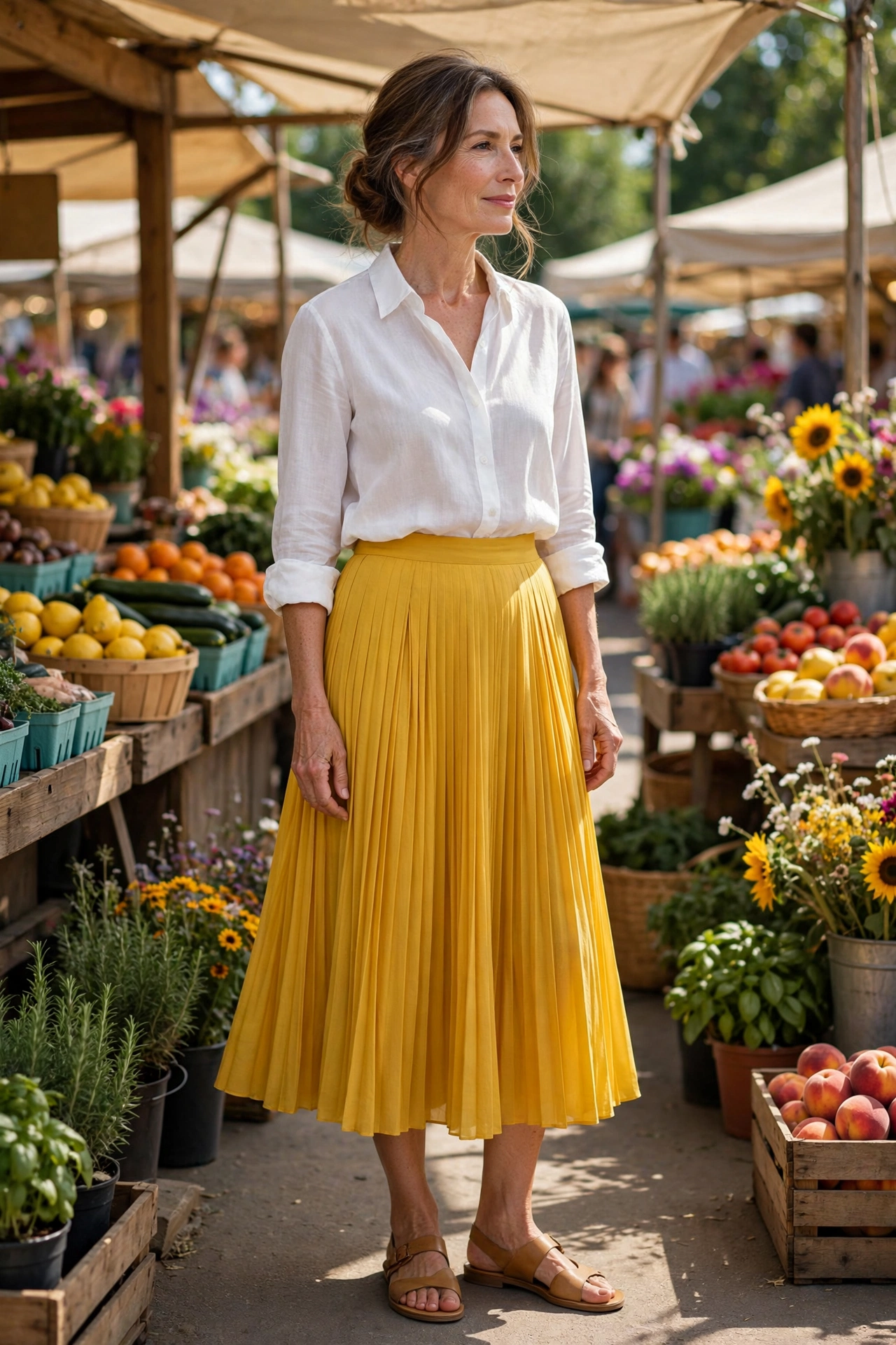 Yellow Pleated Midi White Blouse - pleated skirt outfit for women over 50