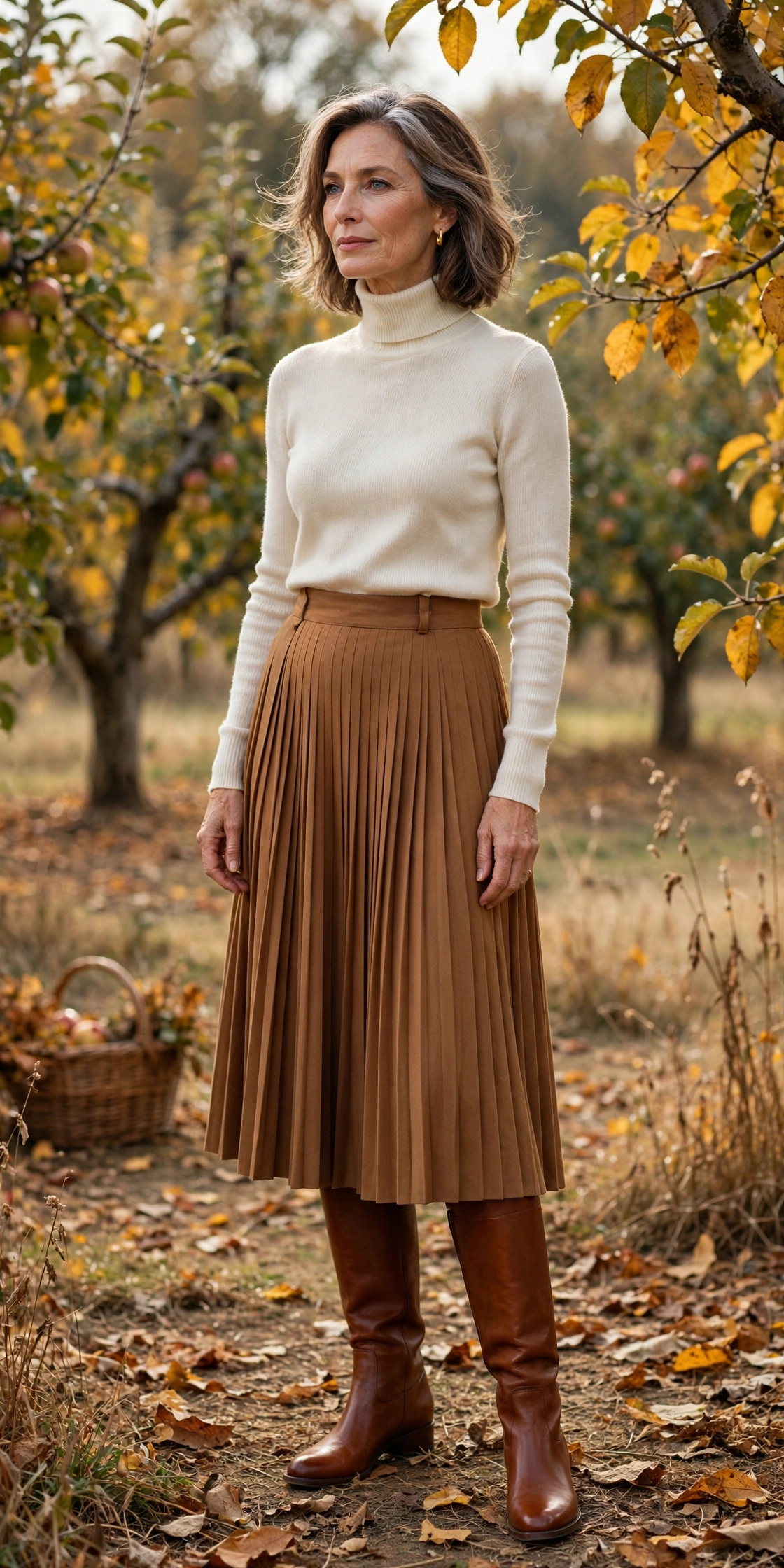 Caramel Pleated Midi Cream Turtleneck Boots - pleated skirt outfit for women over 50