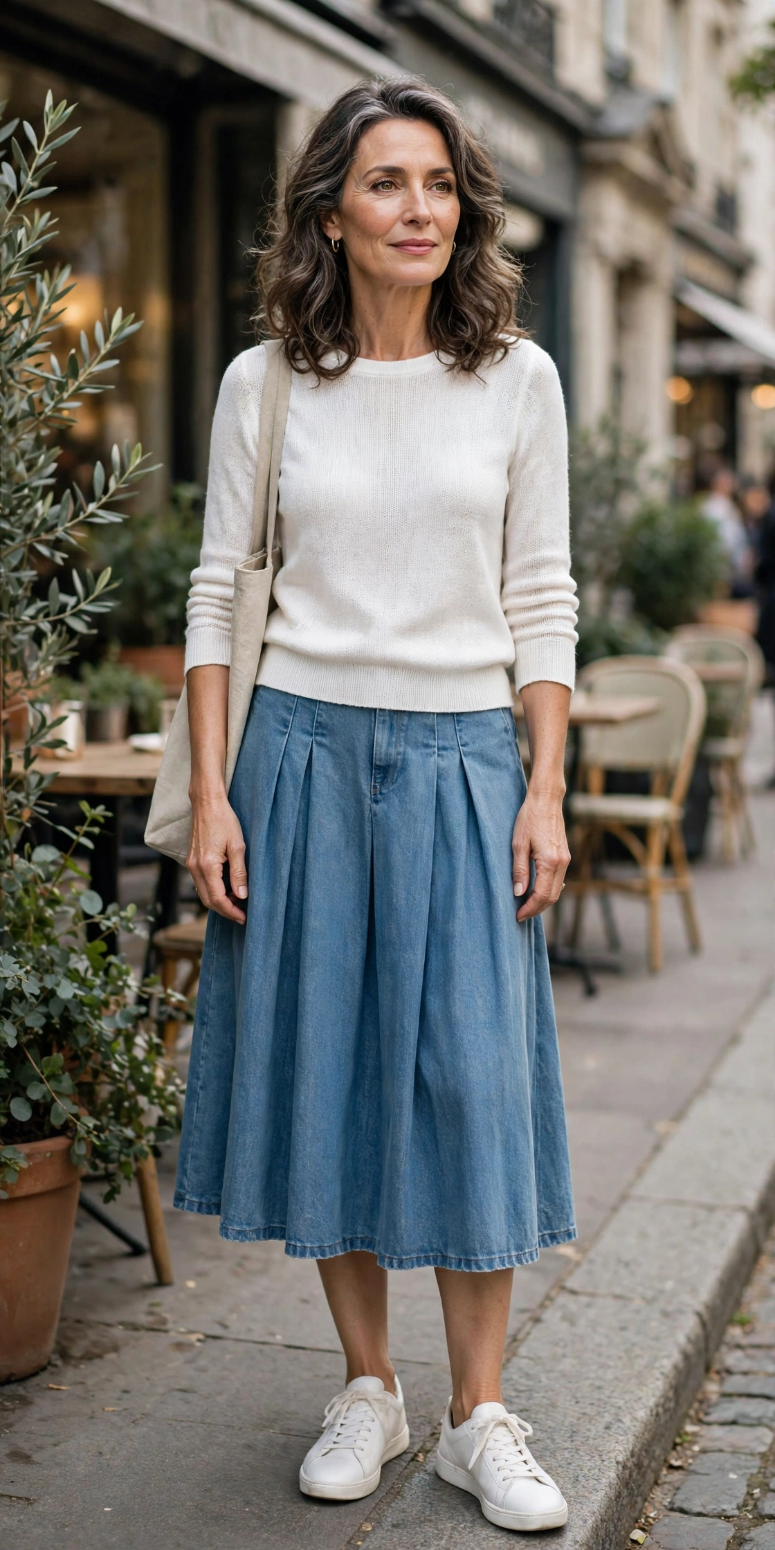 Denim-Blue Pleated Midi White Knit - pleated skirt outfit for women over 50