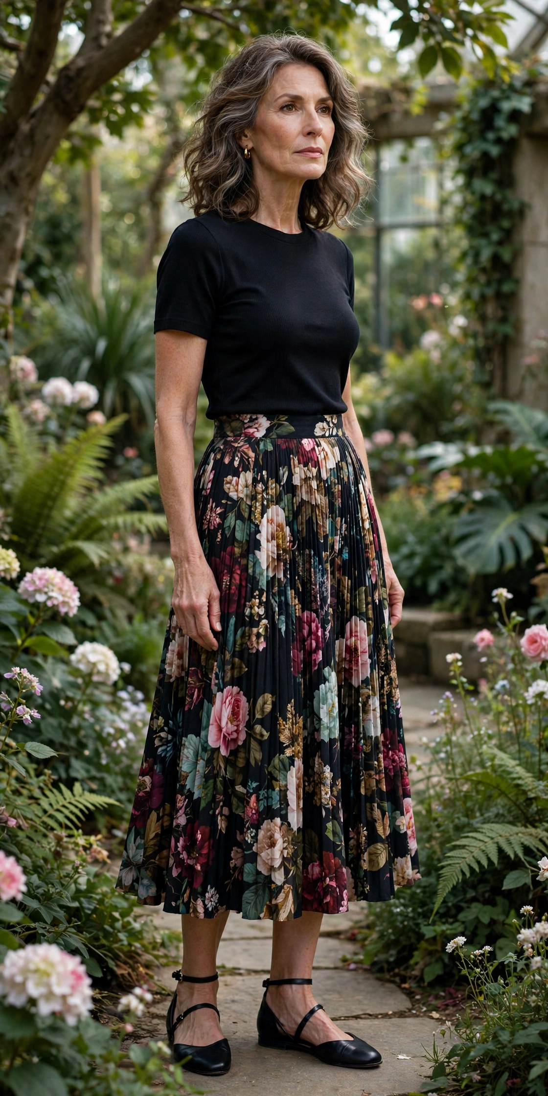 Floral Pleated Midi Solid Black Top - pleated skirt outfit for women over 50