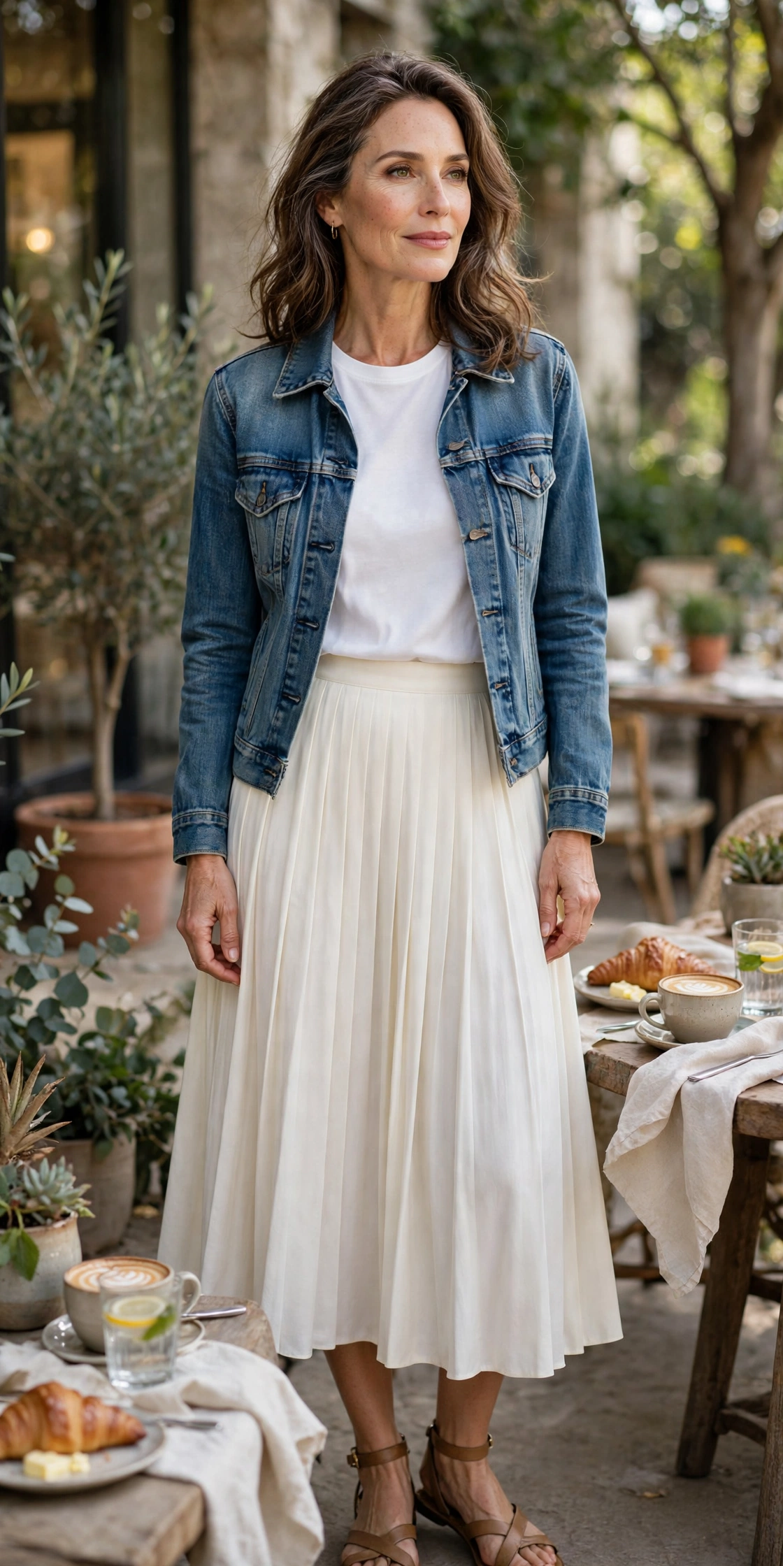 Ivory Pleated Midi Denim Jacket - pleated skirt outfit for women over 50