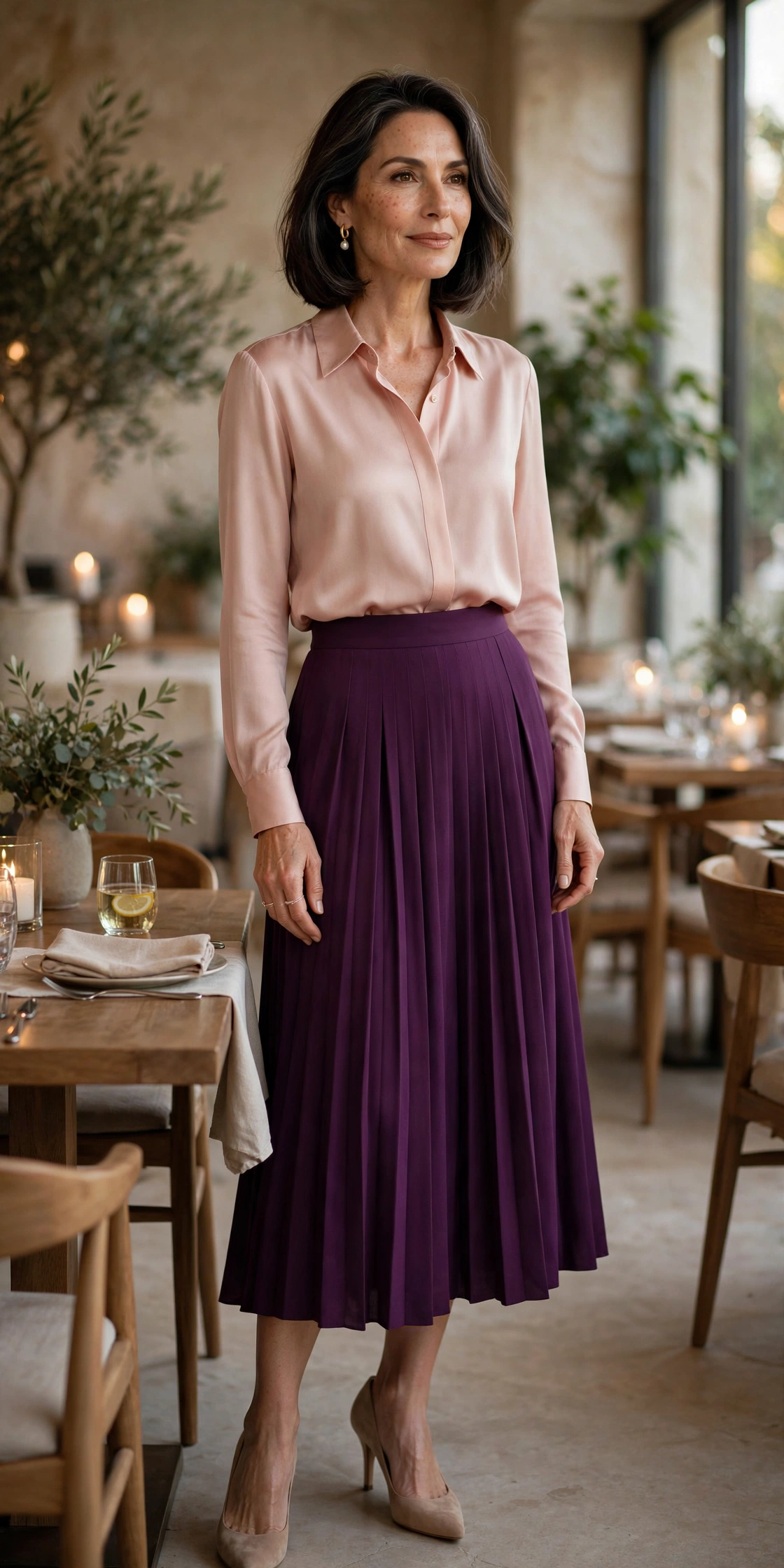 Plum Pleated Midi Blush Blouse - pleated skirt outfit for women over 50
