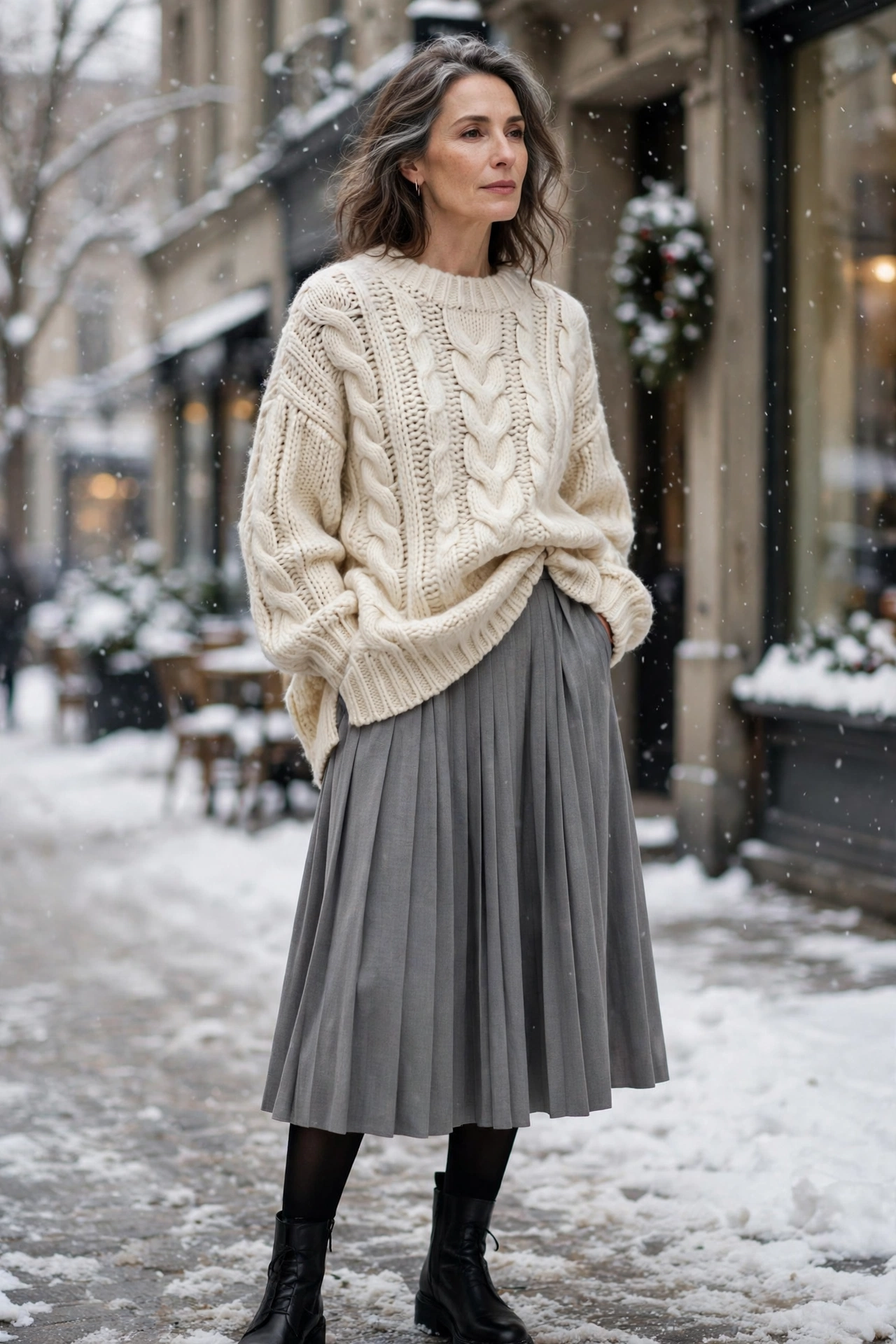 Gray Pleated Midi Chunky Knit Ankle Boots - pleated skirt outfit for women over 50