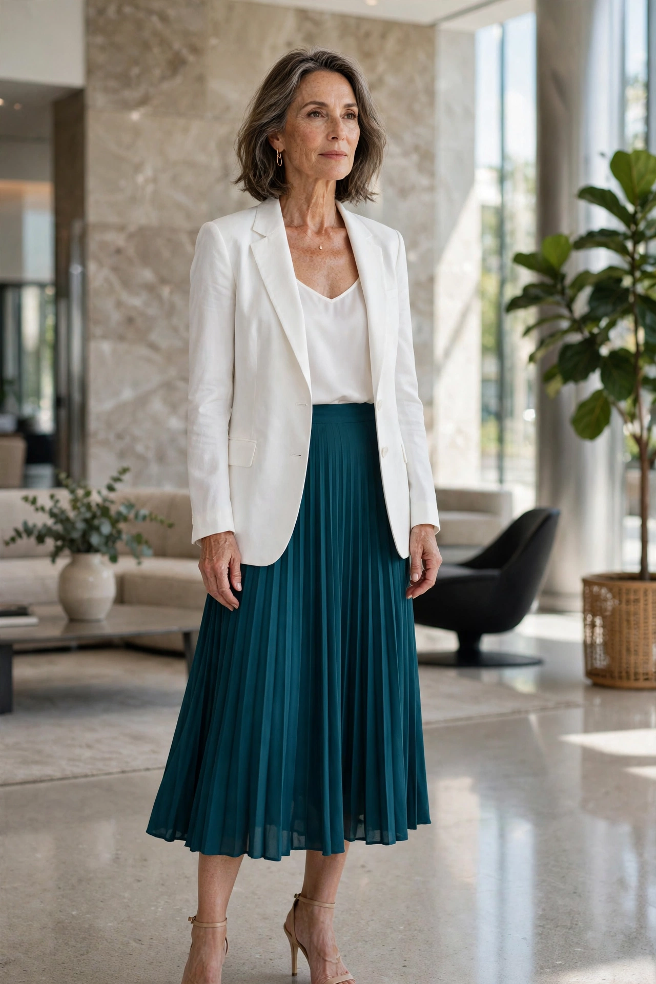 Teal Pleated Midi White Cami - pleated skirt outfit for women over 50