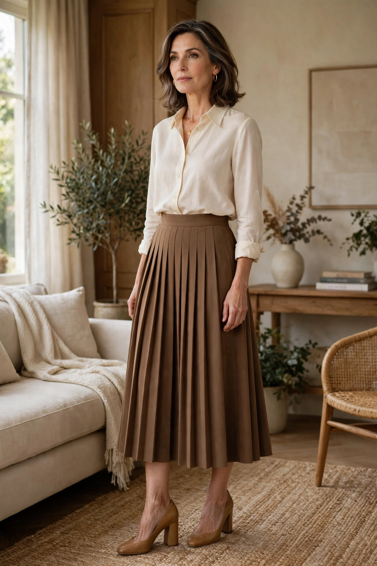Mocha Pleated Midi Cream Blouse - pleated skirt outfit for women over 50