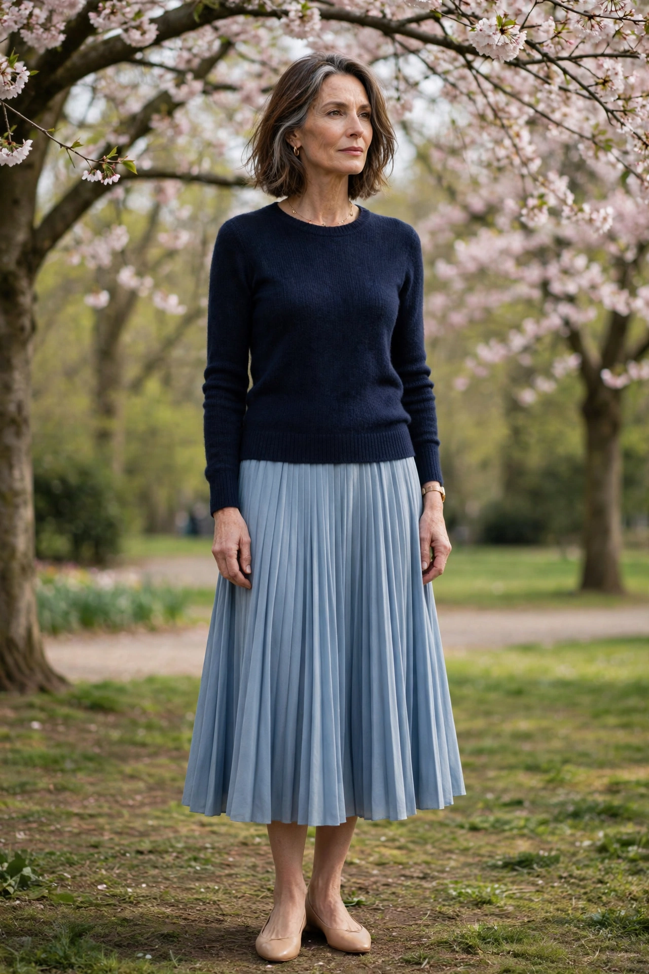 Powder Blue Pleated Midi Navy Sweater - pleated skirt outfit for women over 50