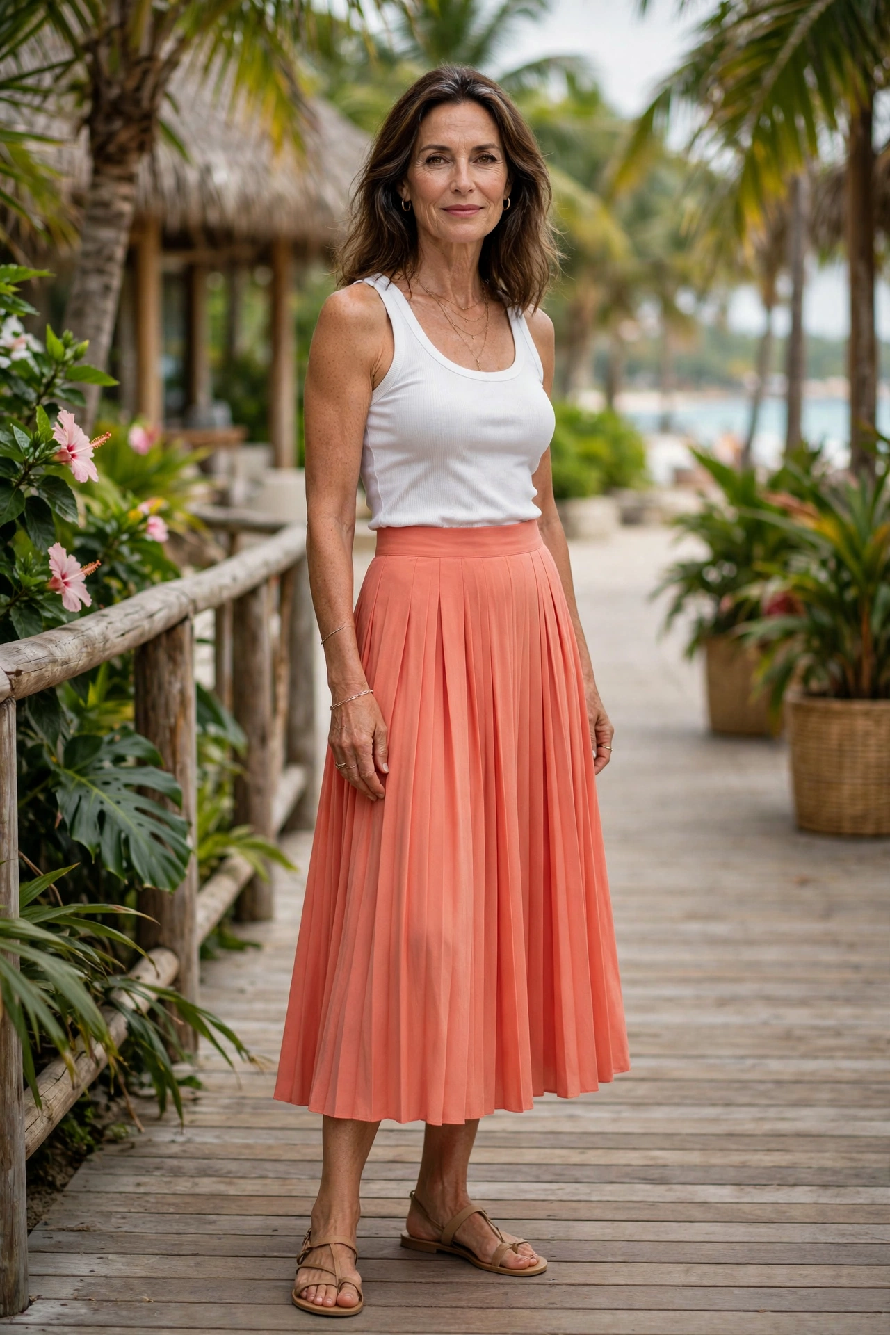 Coral Pleated Midi White Tank - pleated skirt outfit for women over 50