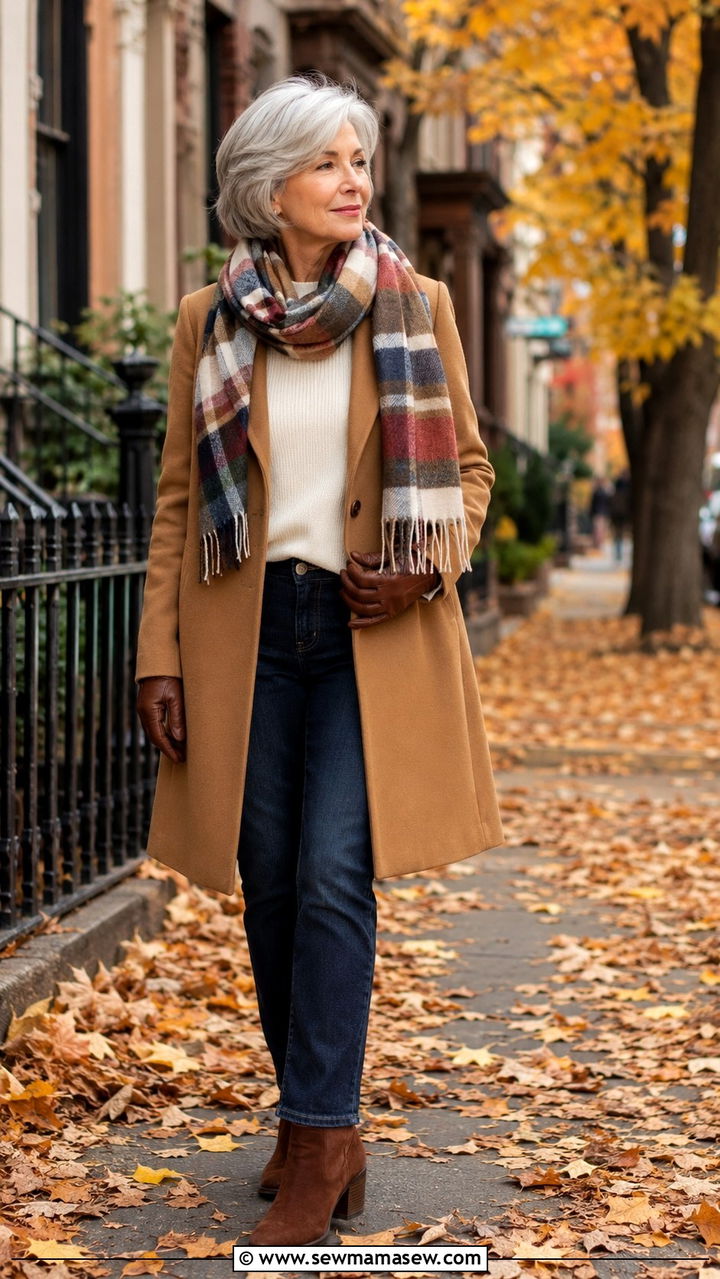Printed satin scarf with camel coat and dark jeans, fall outfit idea over 50