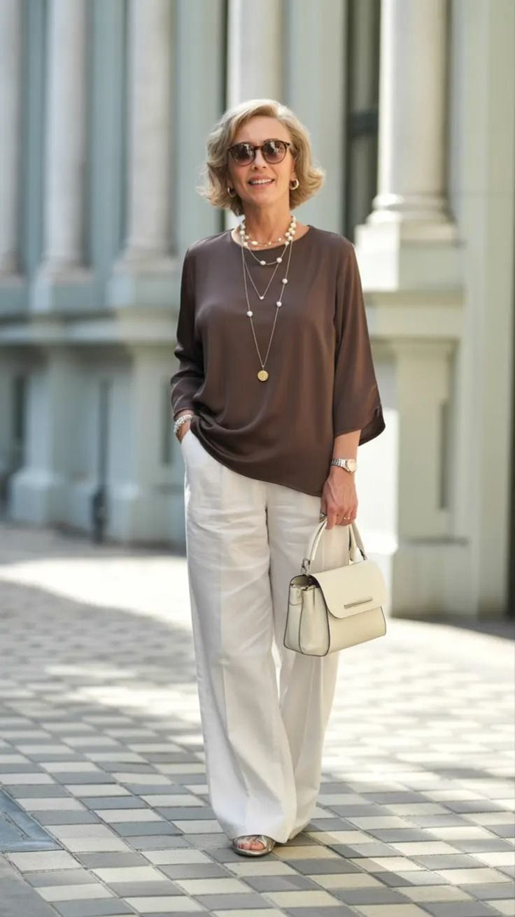Chocolate satin blouse with cream wide leg trousers and gold jewelry, women over 50 outfit