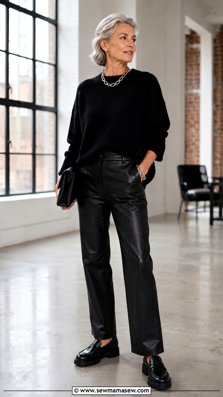 Black satin wide leg trousers with fine knit sweater and loafers, chic outfit over 50