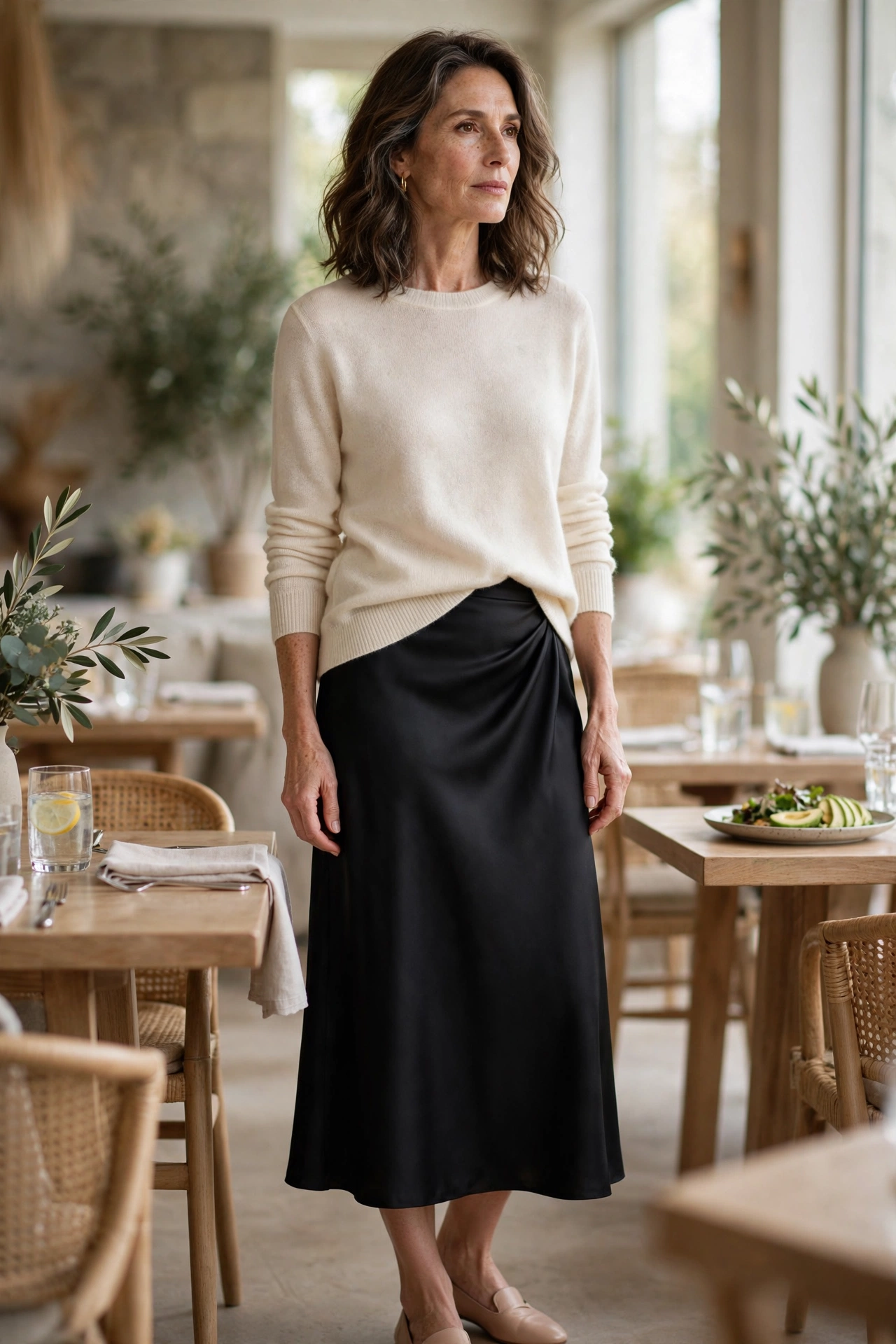 Black Satin Midi Cream Cashmere Sweater - satin skirt outfit for women over 50