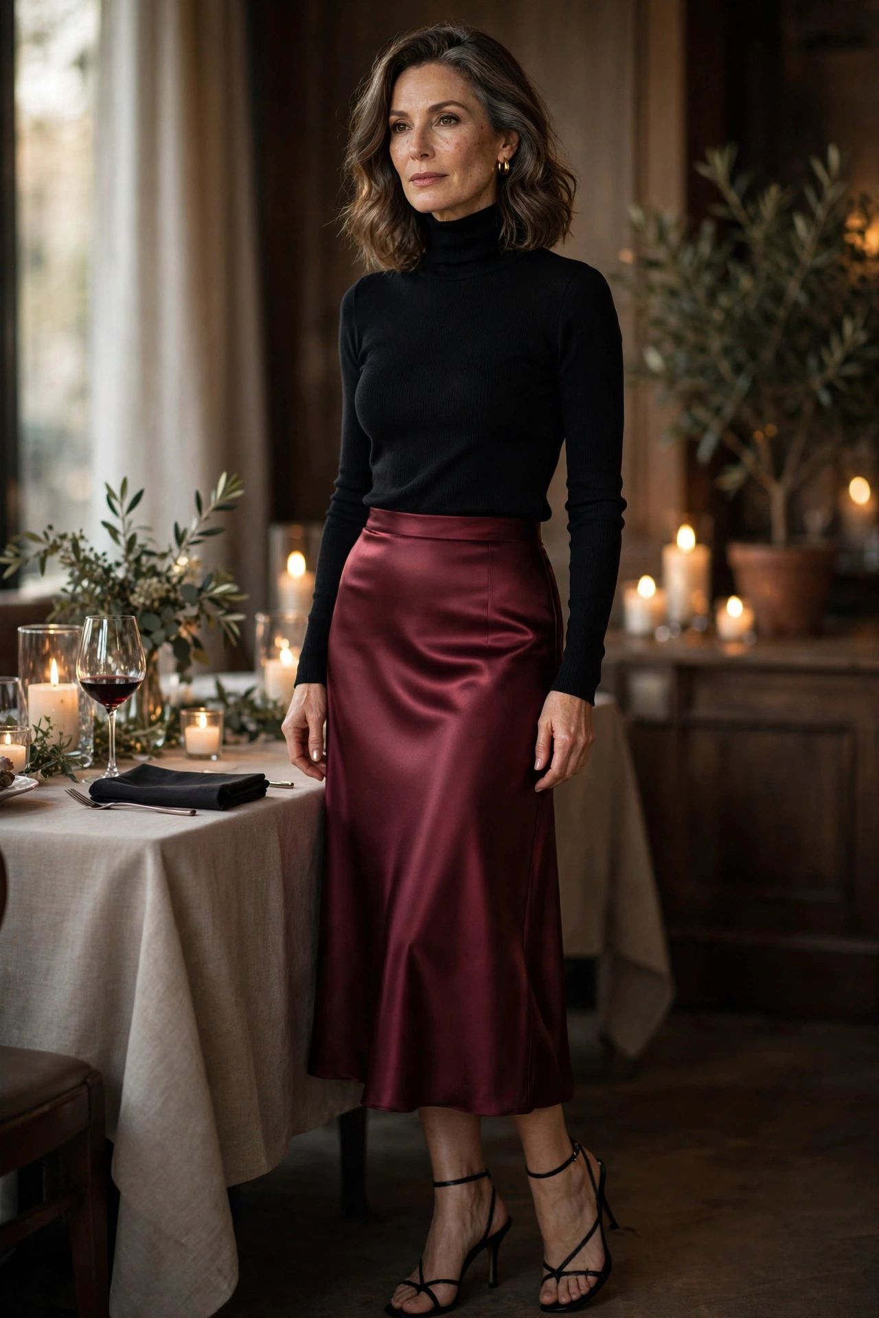 Burgundy Satin Midi Black Turtleneck - satin skirt outfit for women over 50