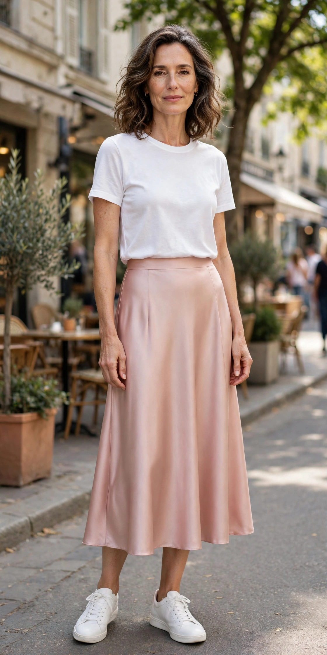 Blush Satin Midi White Tee Sneakers - satin skirt outfit for women over 50