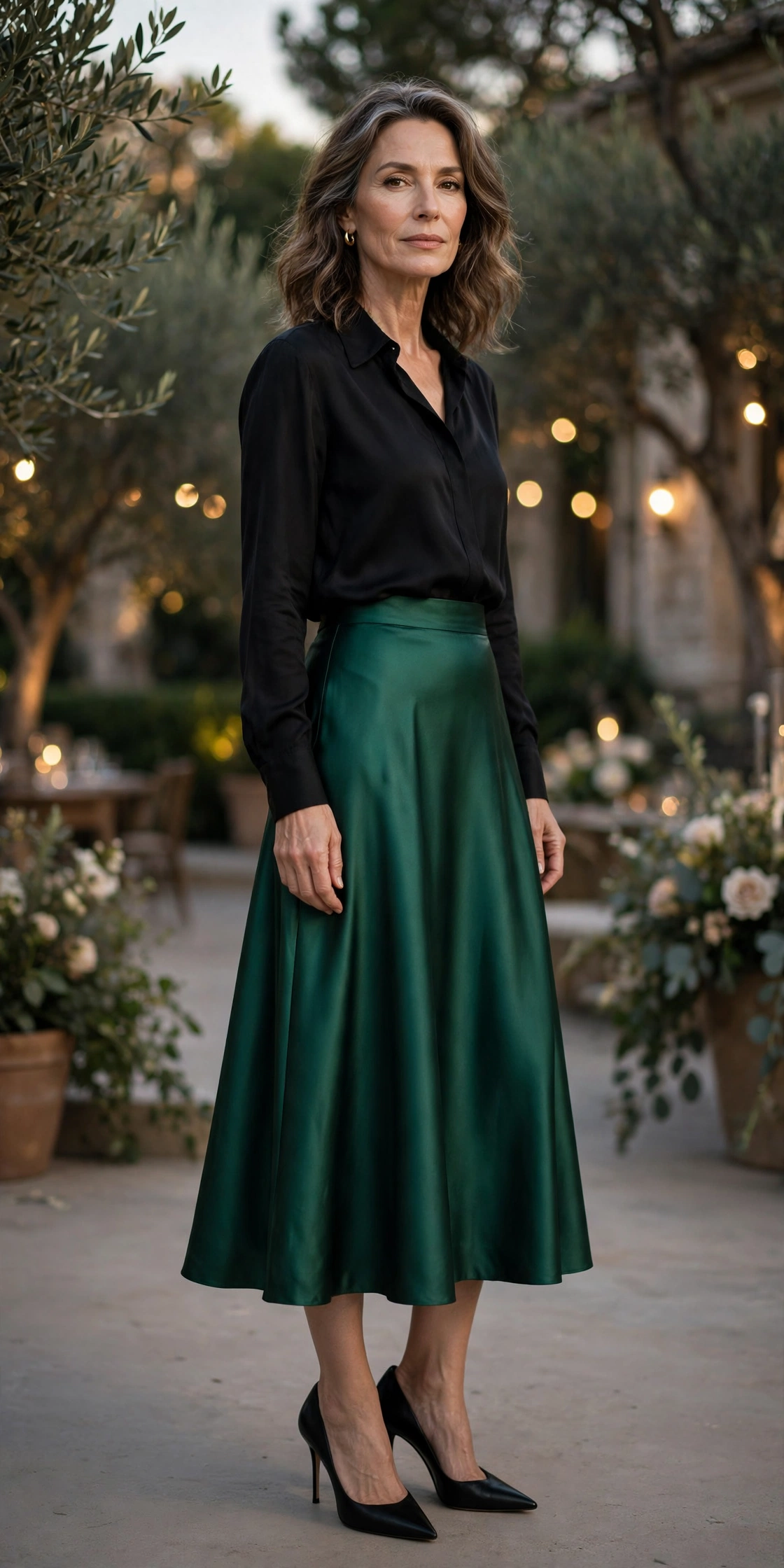 Emerald Satin Midi Black Blouse Evening - satin skirt outfit for women over 50