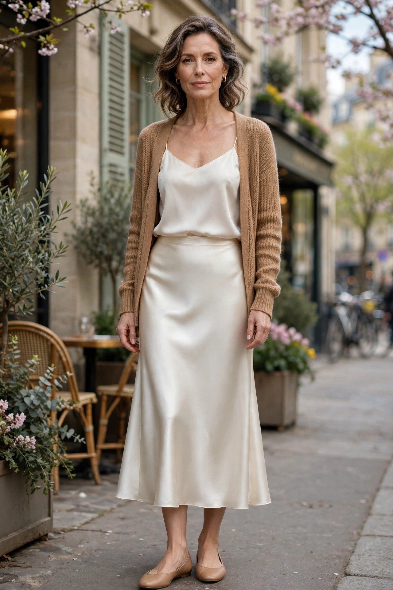 Ivory Satin Slip Camel Cardigan - satin skirt outfit for women over 50