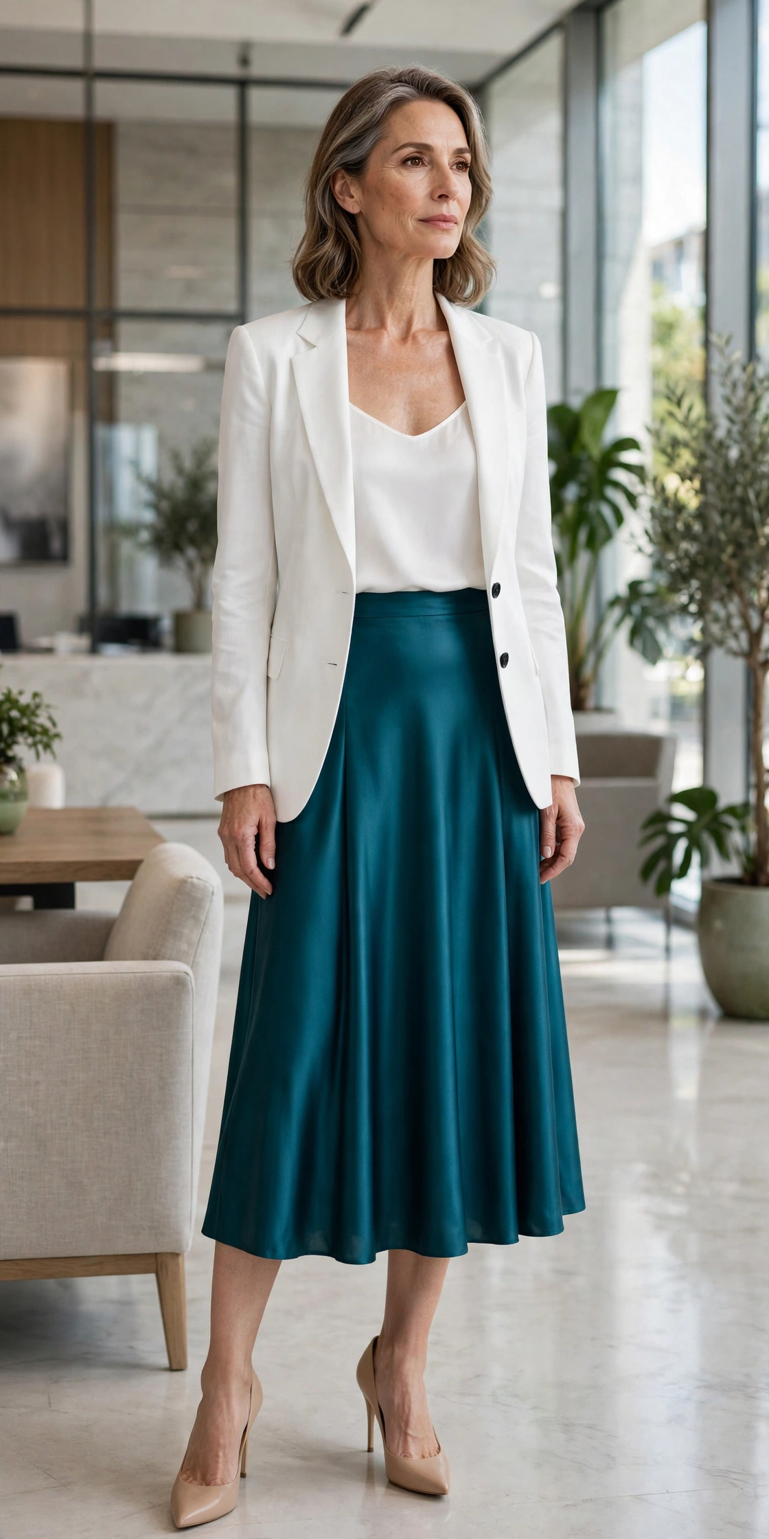 Teal Satin Midi White Cami Blazer - satin skirt outfit for women over 50