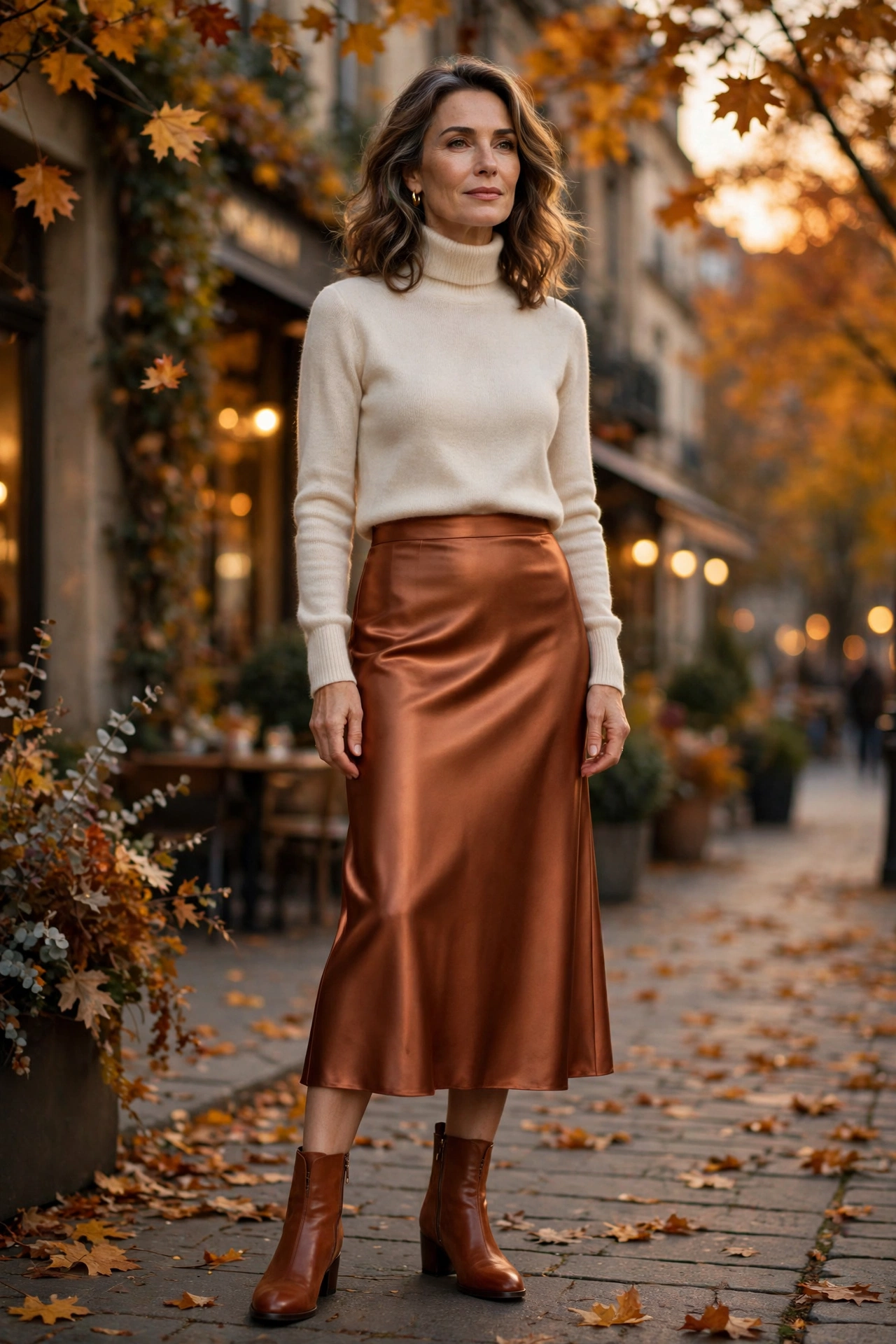 Copper Satin Midi Cream Turtleneck Fall - satin skirt outfit for women over 50