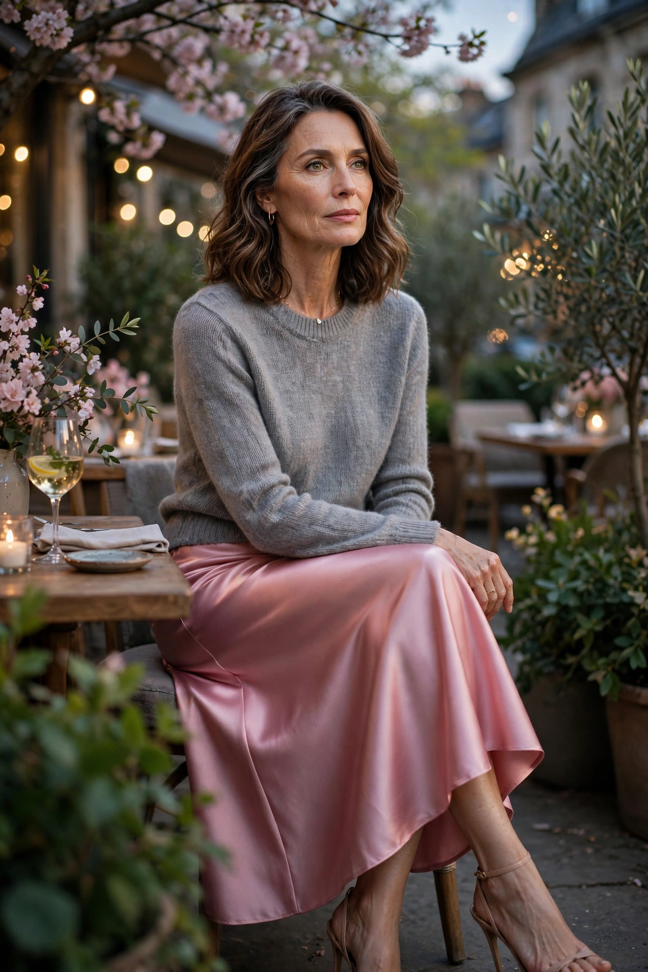 Rose Satin Midi Gray Sweater - satin skirt outfit for women over 50