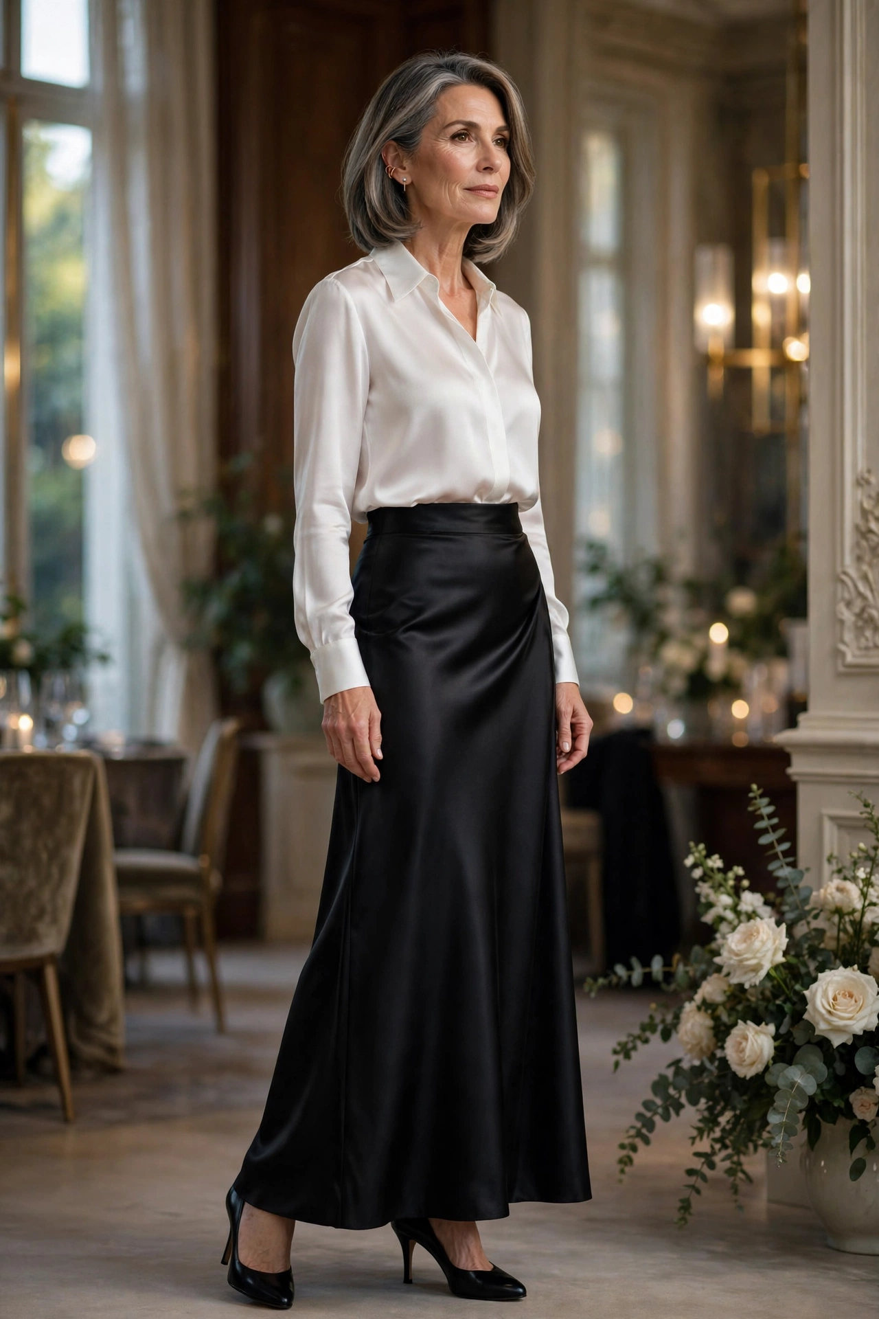 Black Satin Maxi White Silk Blouse Evening - satin skirt outfit for women over 50