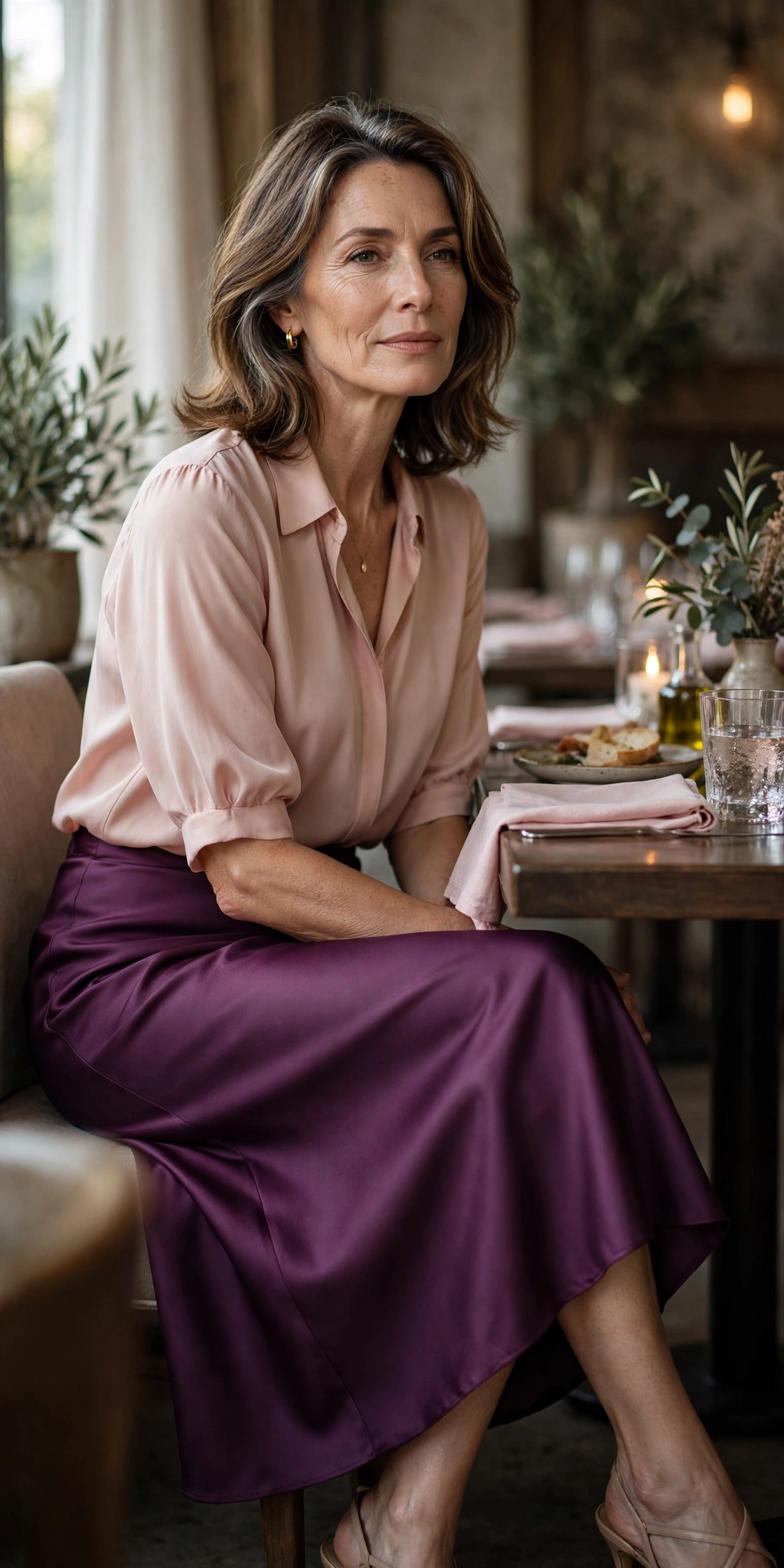 Plum Satin Midi Blush Top - satin skirt outfit for women over 50