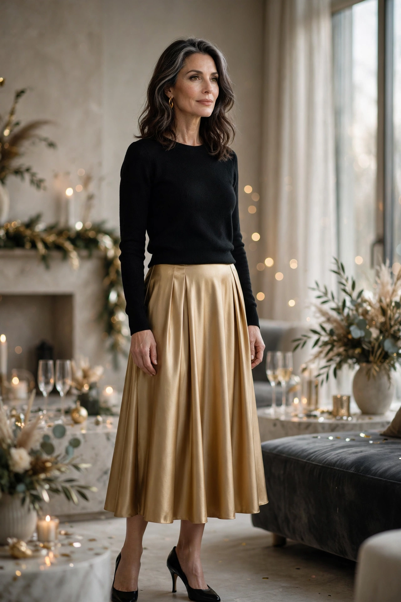 Gold Satin Midi Black Top Party - satin skirt outfit for women over 50