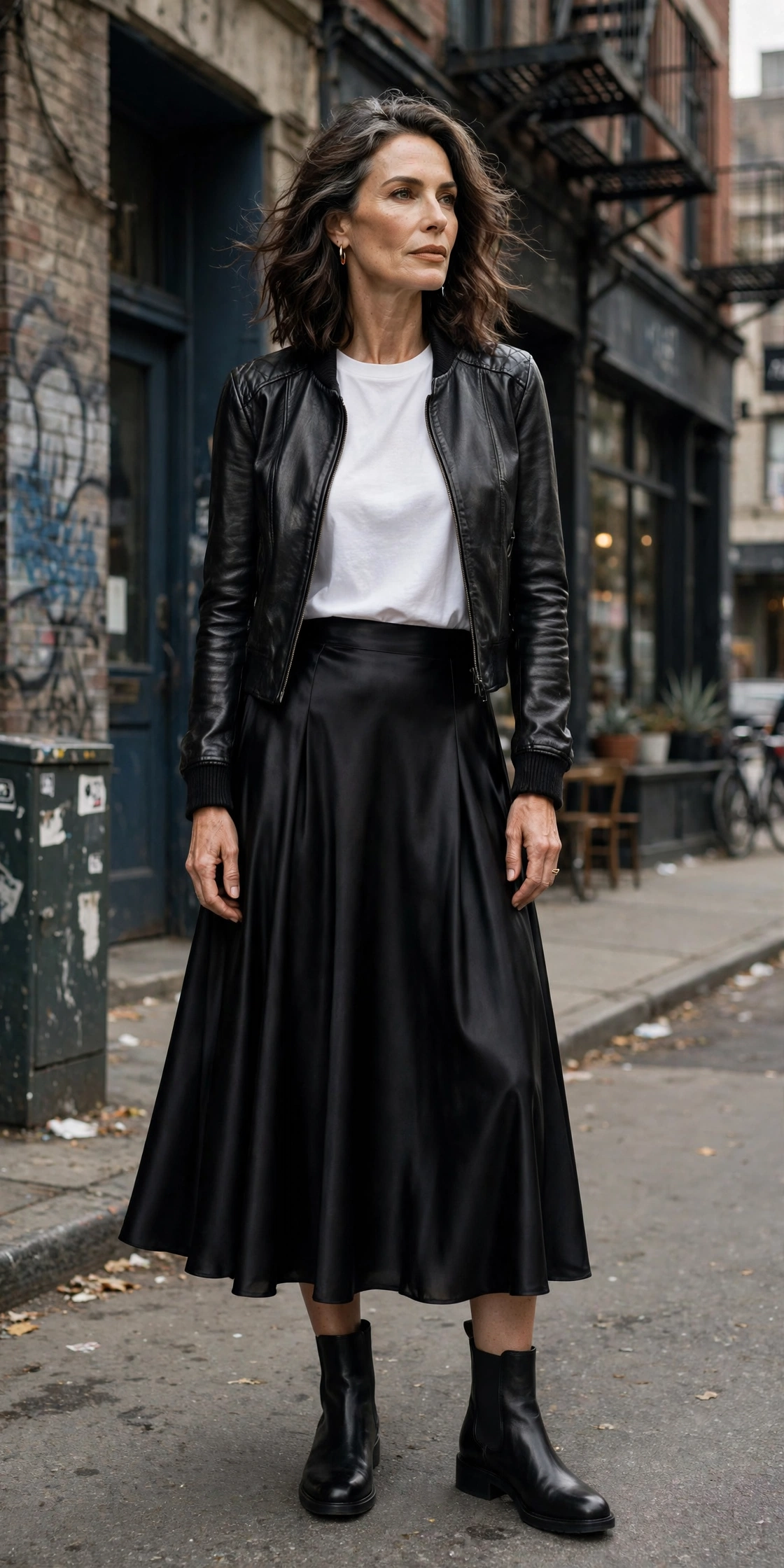 Black Satin Midi Leather Jacket Tee Edge - satin skirt outfit for women over 50