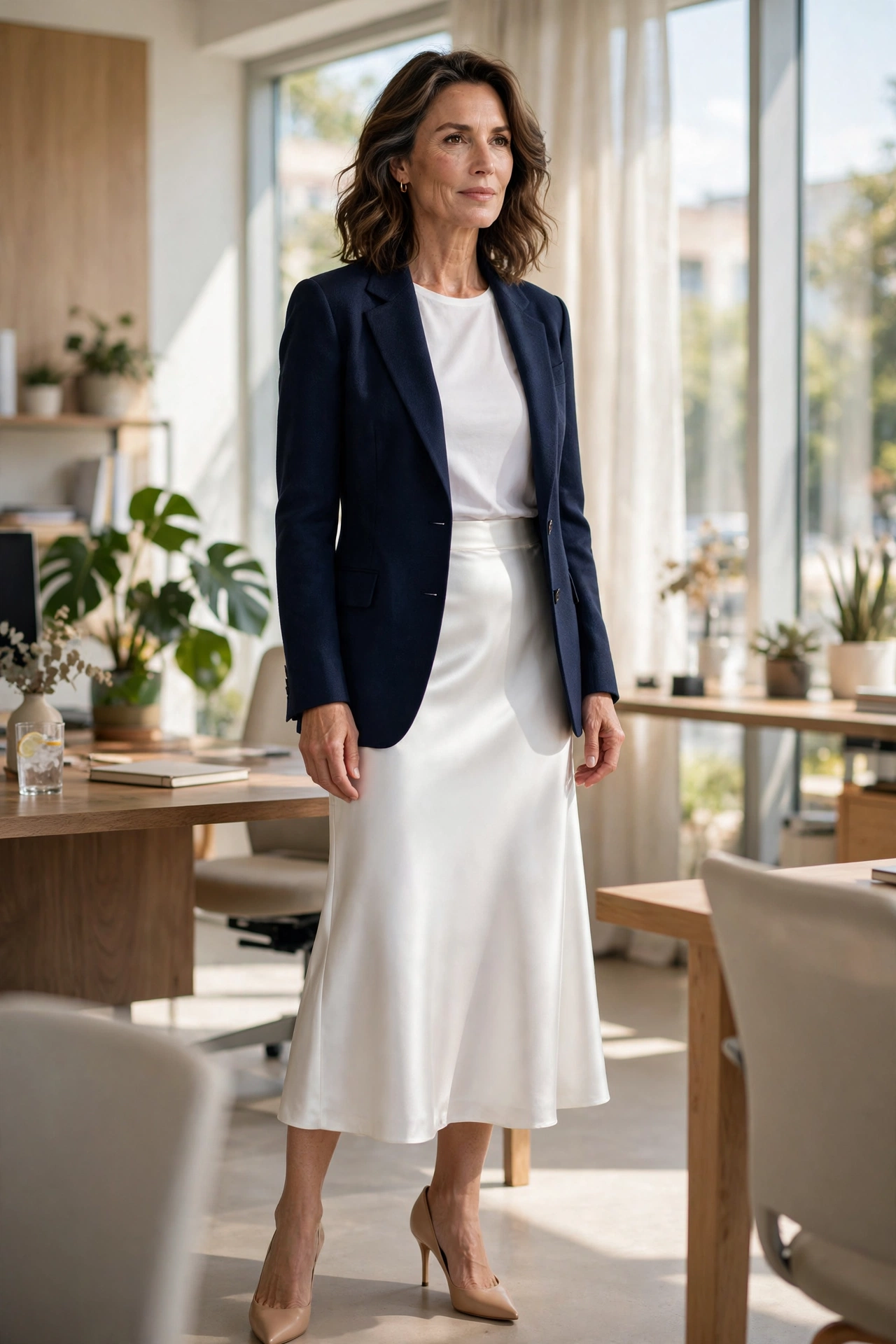 White Satin Midi Navy Blazer - satin skirt outfit for women over 50