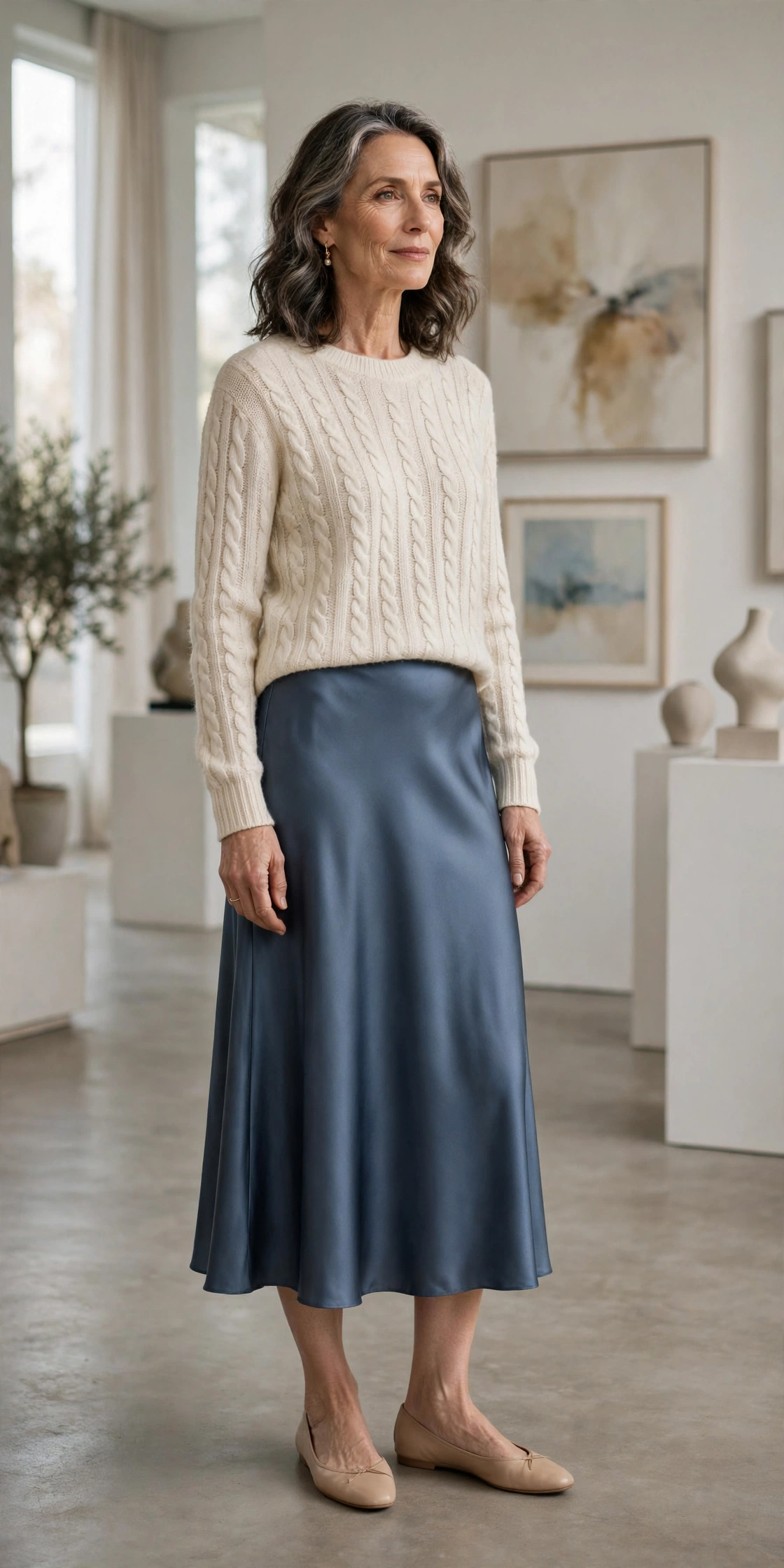 Slate Blue Satin Midi Cream Knit - satin skirt outfit for women over 50