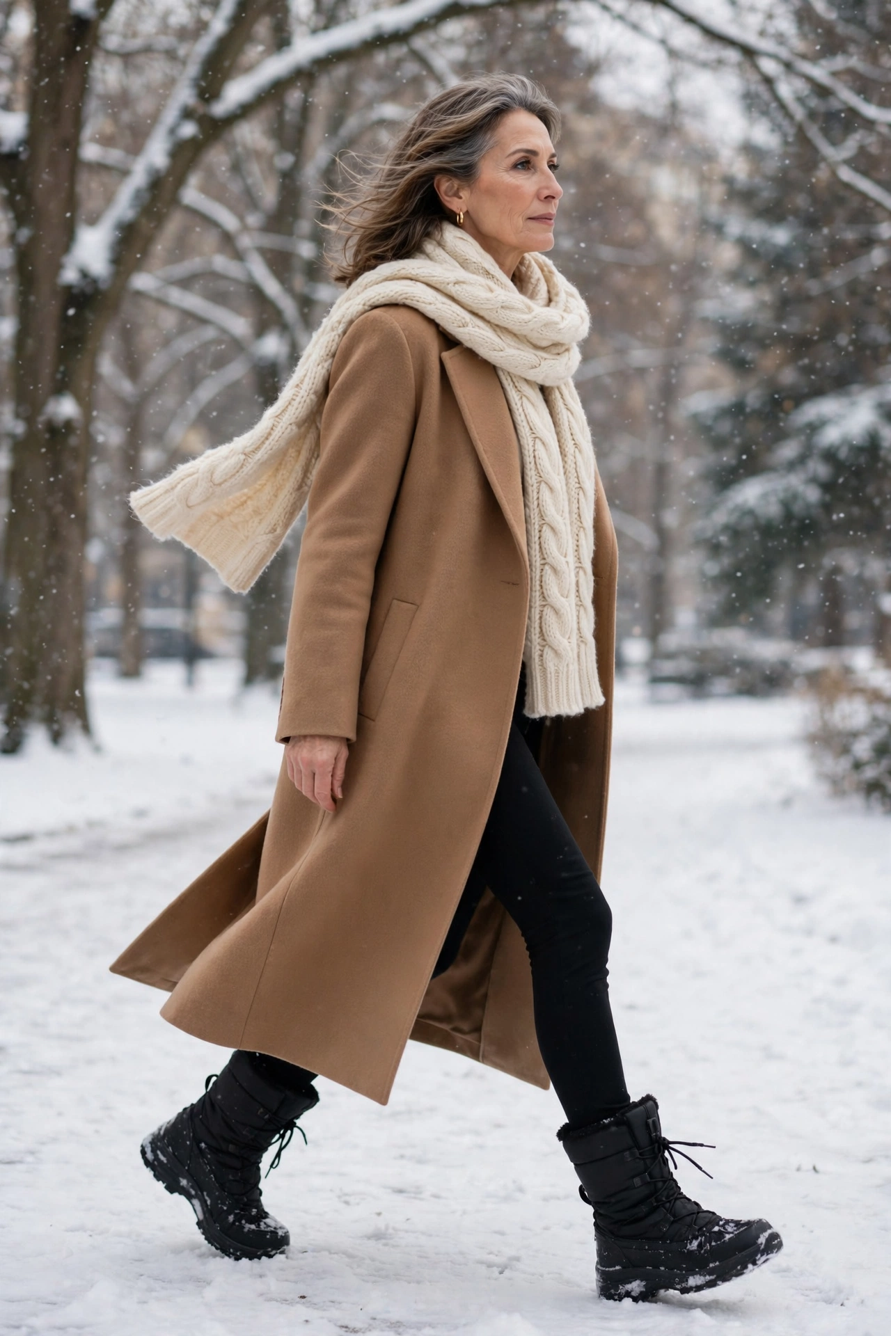 Woman over 50 in black leggings and snow boots with a long camel wool coat in a snowy park