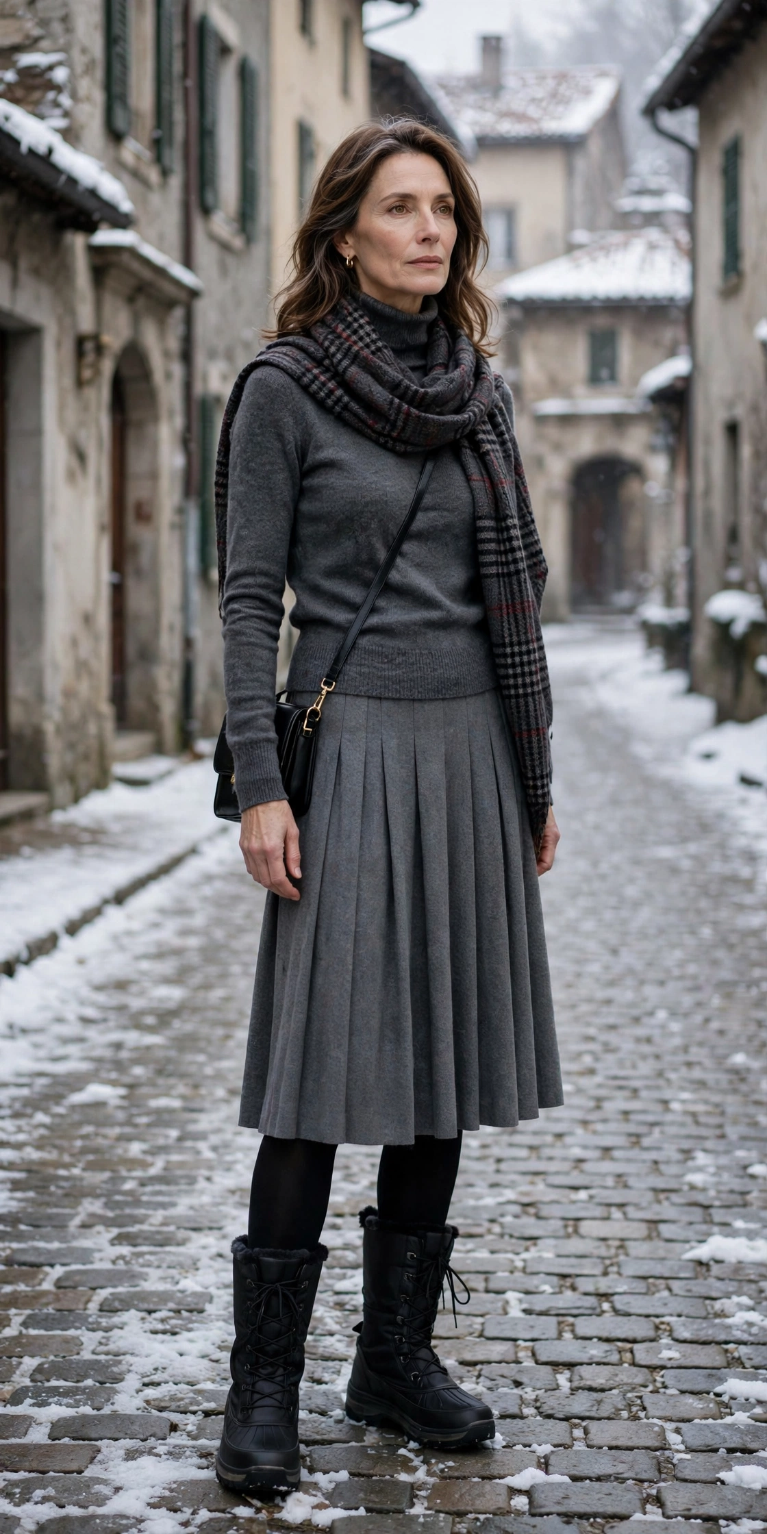 Woman over 50 in a grey pleated midi skirt, tights and black knee-high snow boots