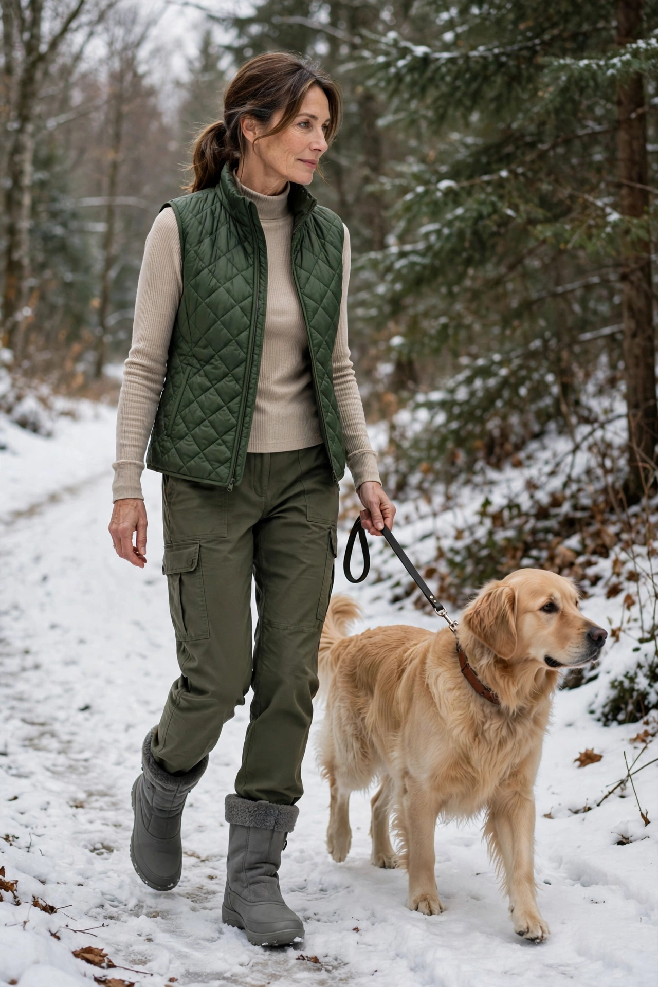Woman over 50 walking a golden retriever on a snowy trail in cargo pants and grey snow boots