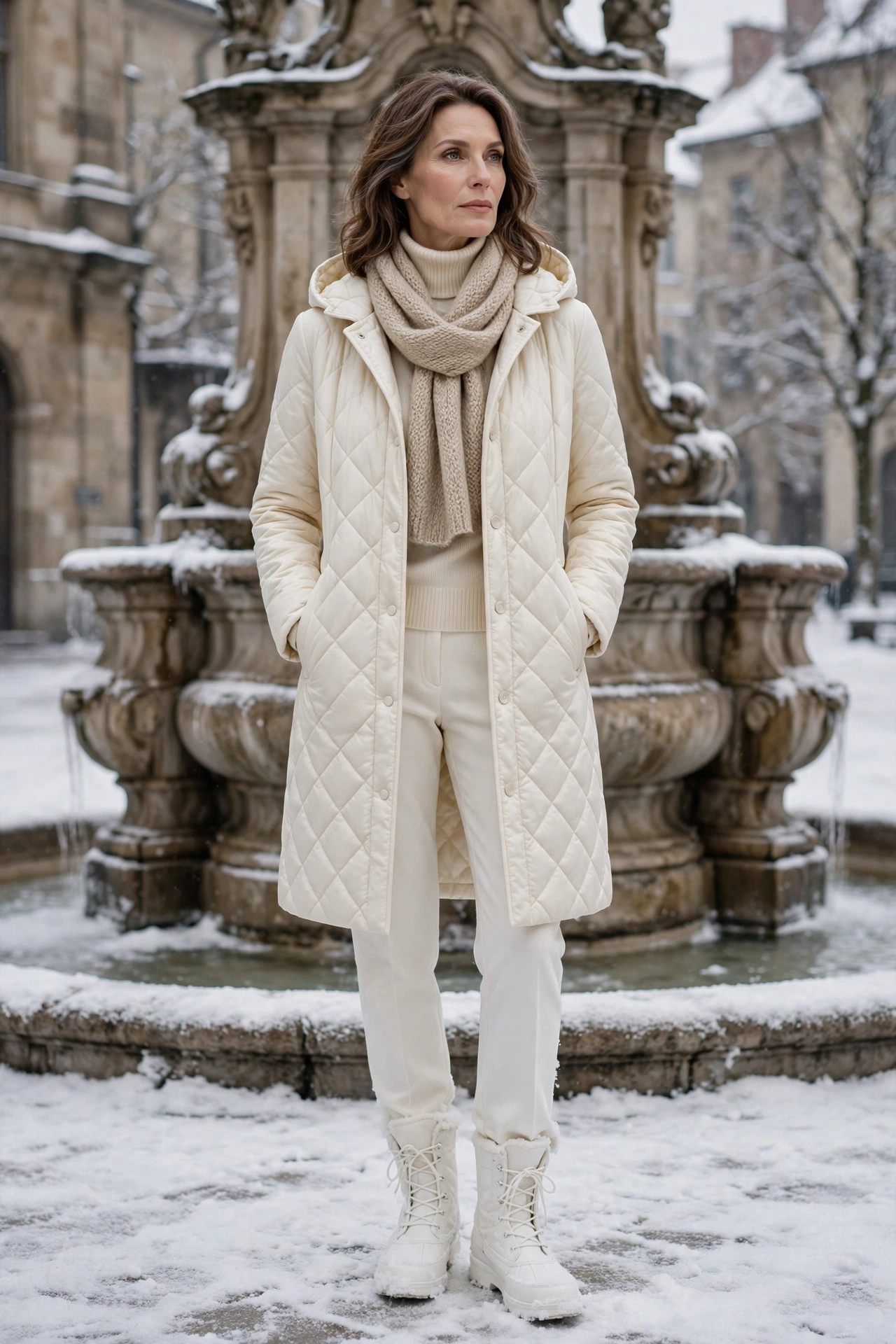 Woman over 50 in a cream monochrome winter outfit with white snow boots at a snowy fountain