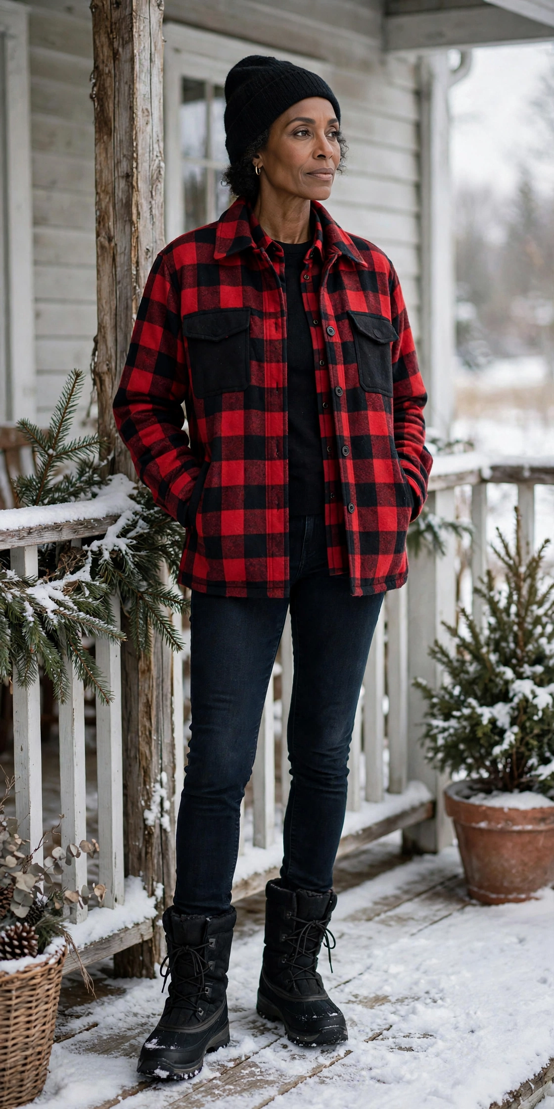 Woman over 50 in a red buffalo plaid shacket, jeans and black snow boots on a farmhouse porch
