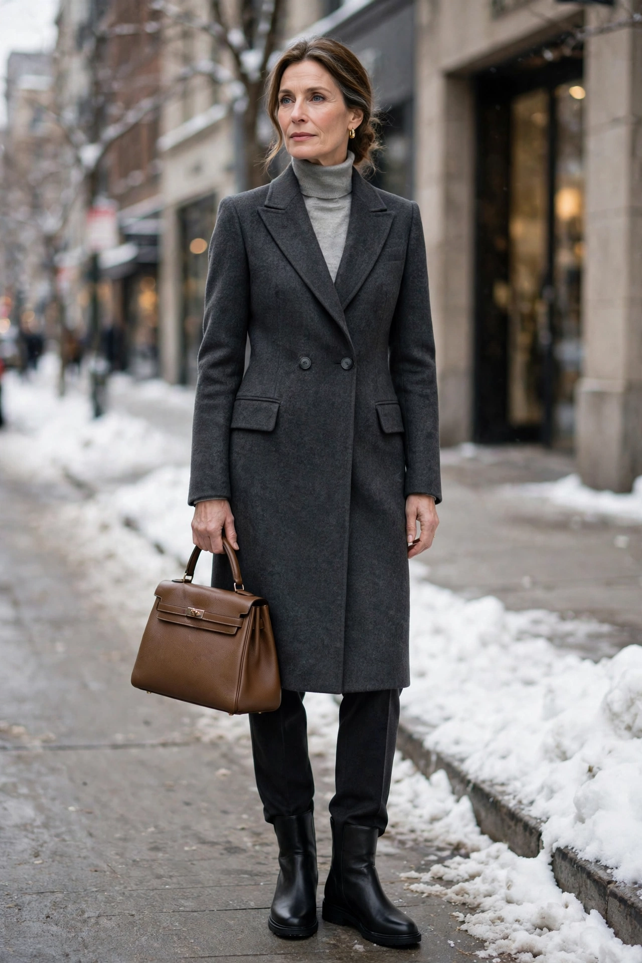 Woman over 50 in a tailored charcoal wool coat with dark trousers tucked into black snow boots