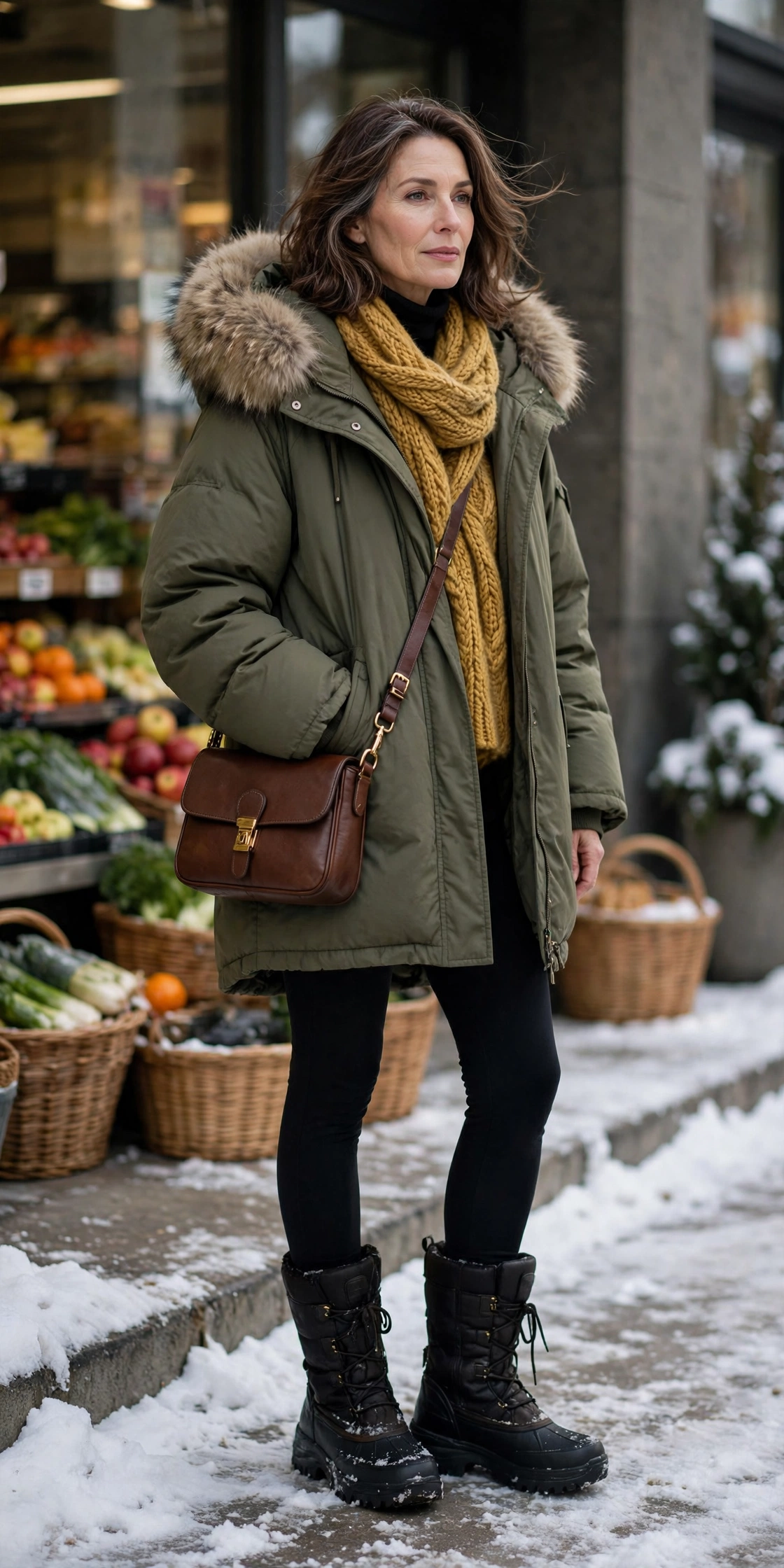 Woman over 50 in an olive parka, black leggings and snow boots running errands in snow