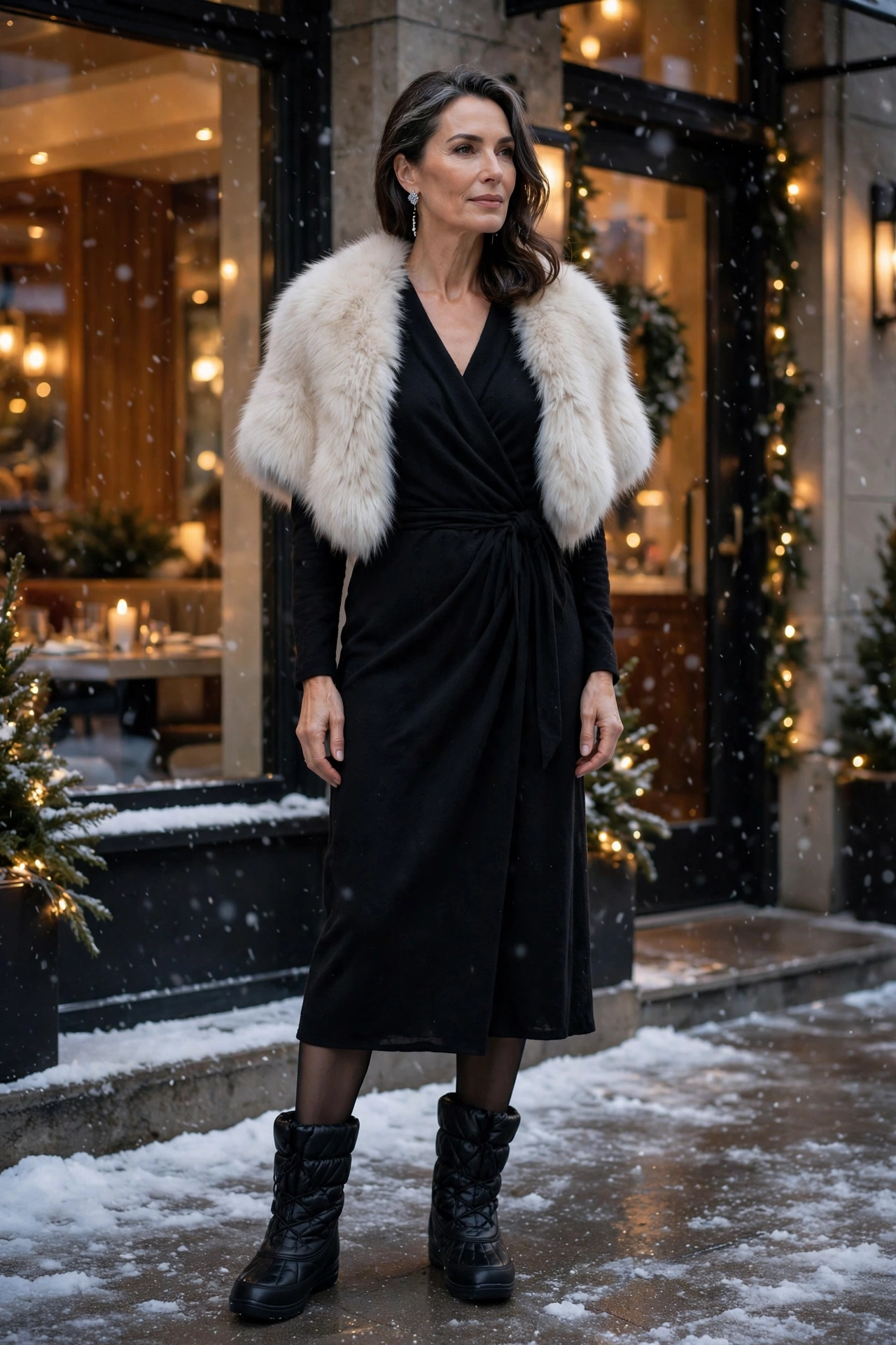 Woman over 50 in a black wrap dress, faux-fur stole and quilted snow boots outside a restaurant