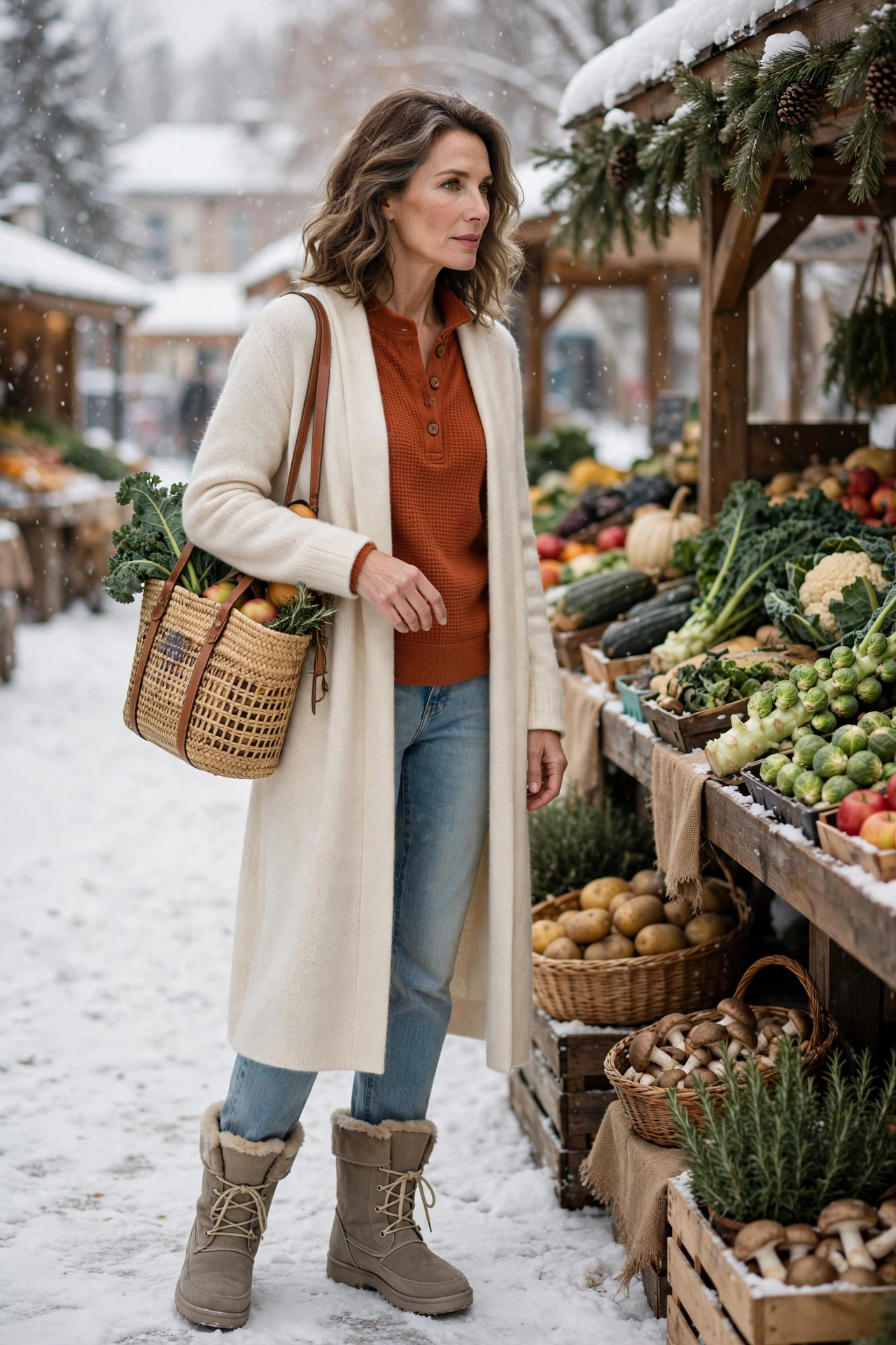 Woman over 50 in a rust henley, long cream cardigan and taupe snow boots at a farmers market