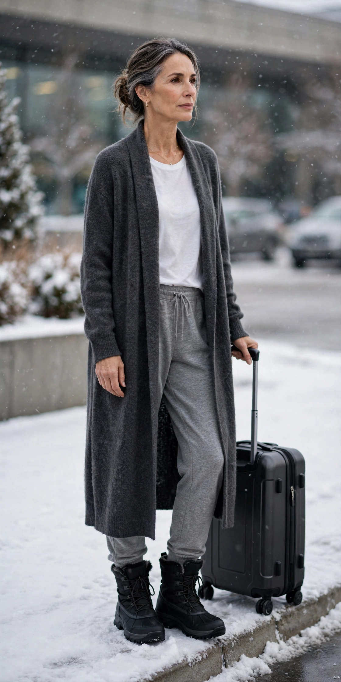Woman over 50 in grey joggers, long cardigan and black snow boots with a suitcase at the airport
