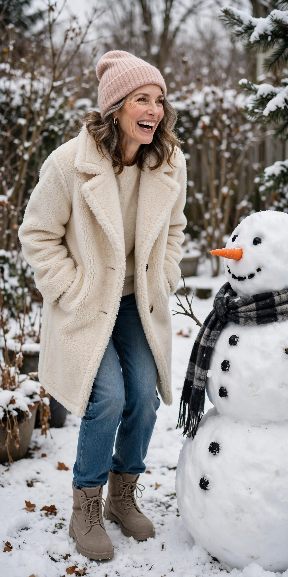 Woman over 50 laughing in a cream teddy coat, jeans and taupe snow boots beside a snowman