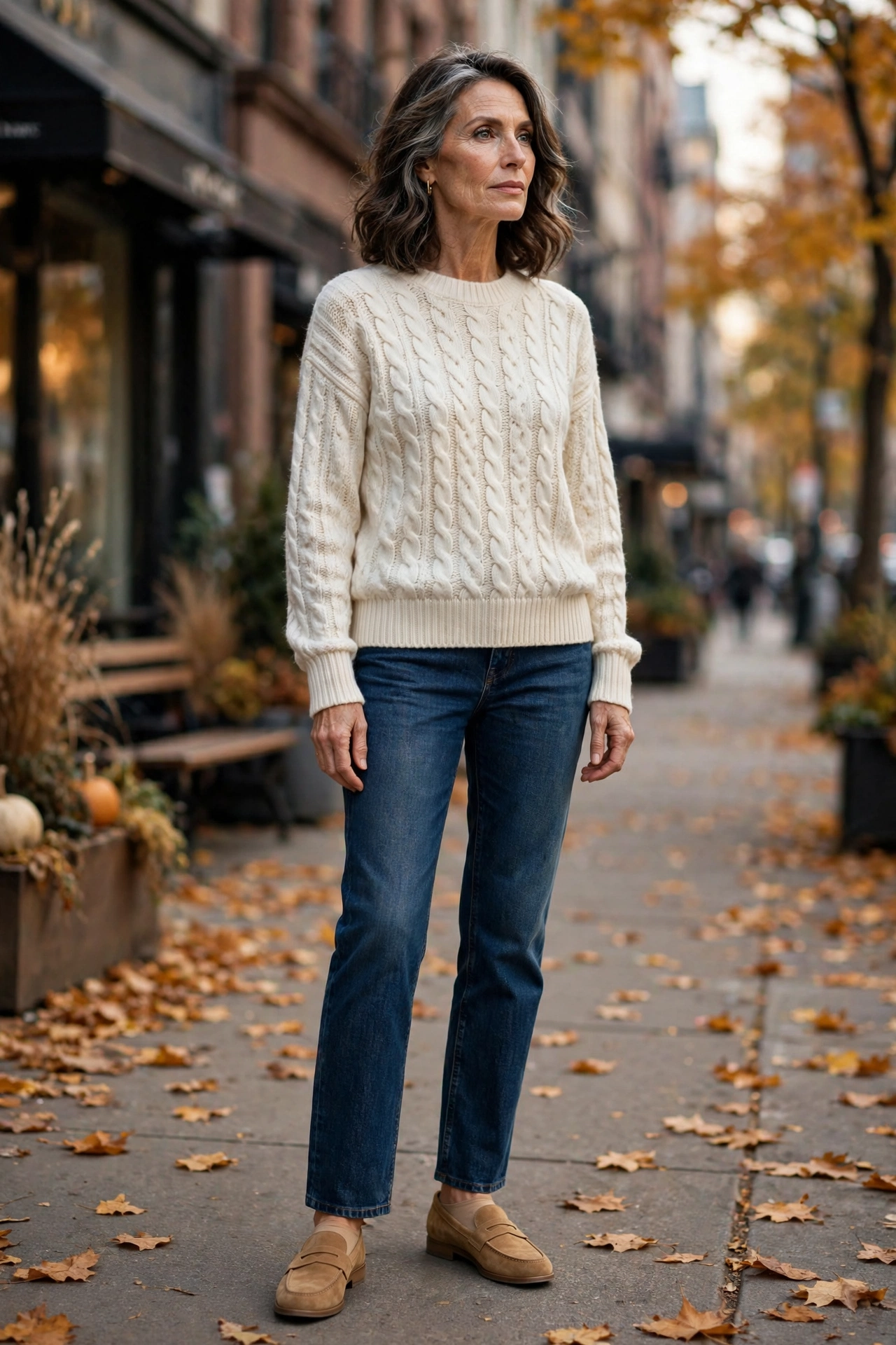 Woman over 50 in no-show socks, tan penny loafers, dark jeans and cream knit sweater