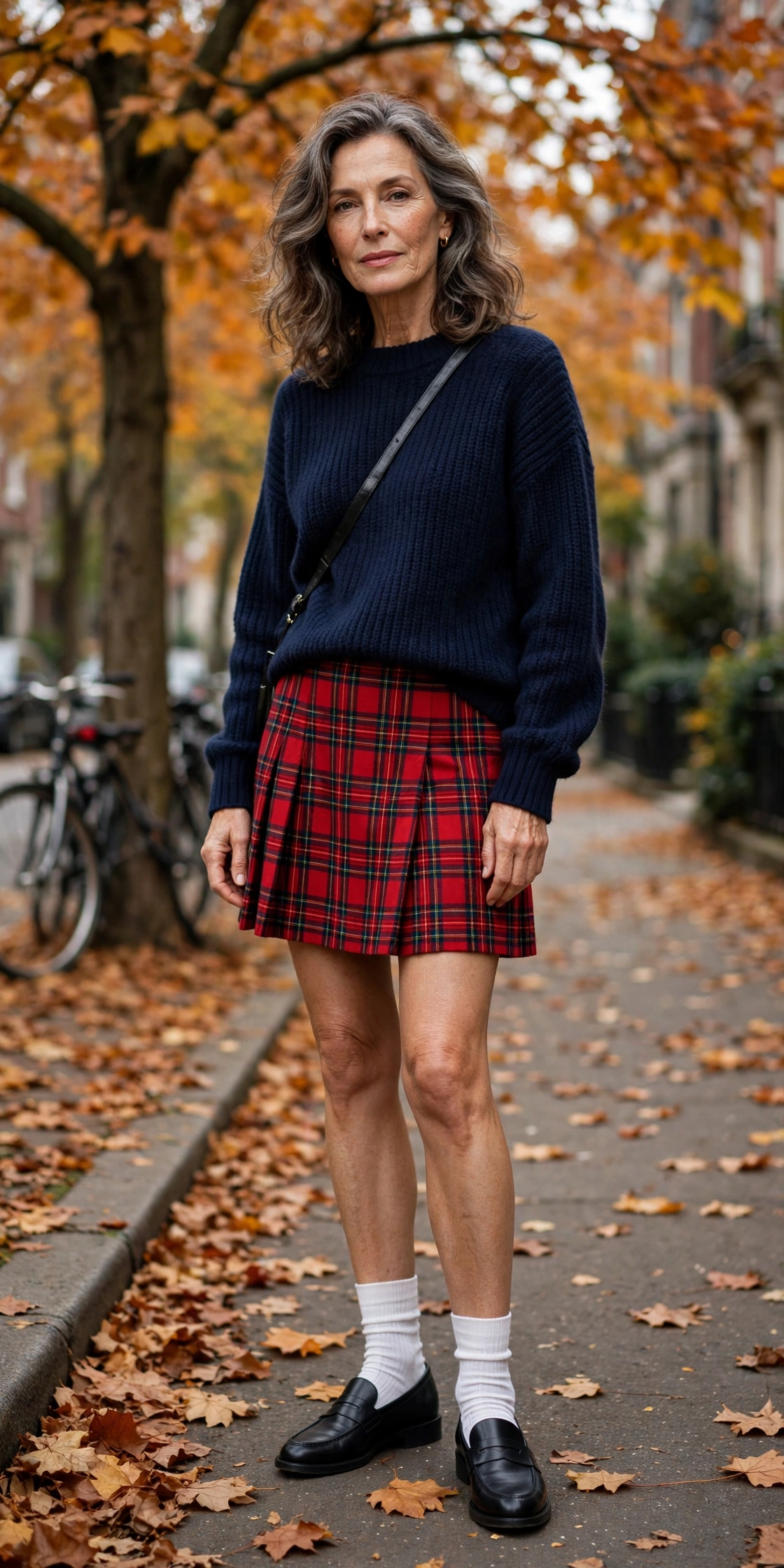 Woman over 50 in white ankle socks, black loafers, red plaid mini skirt, navy sweater