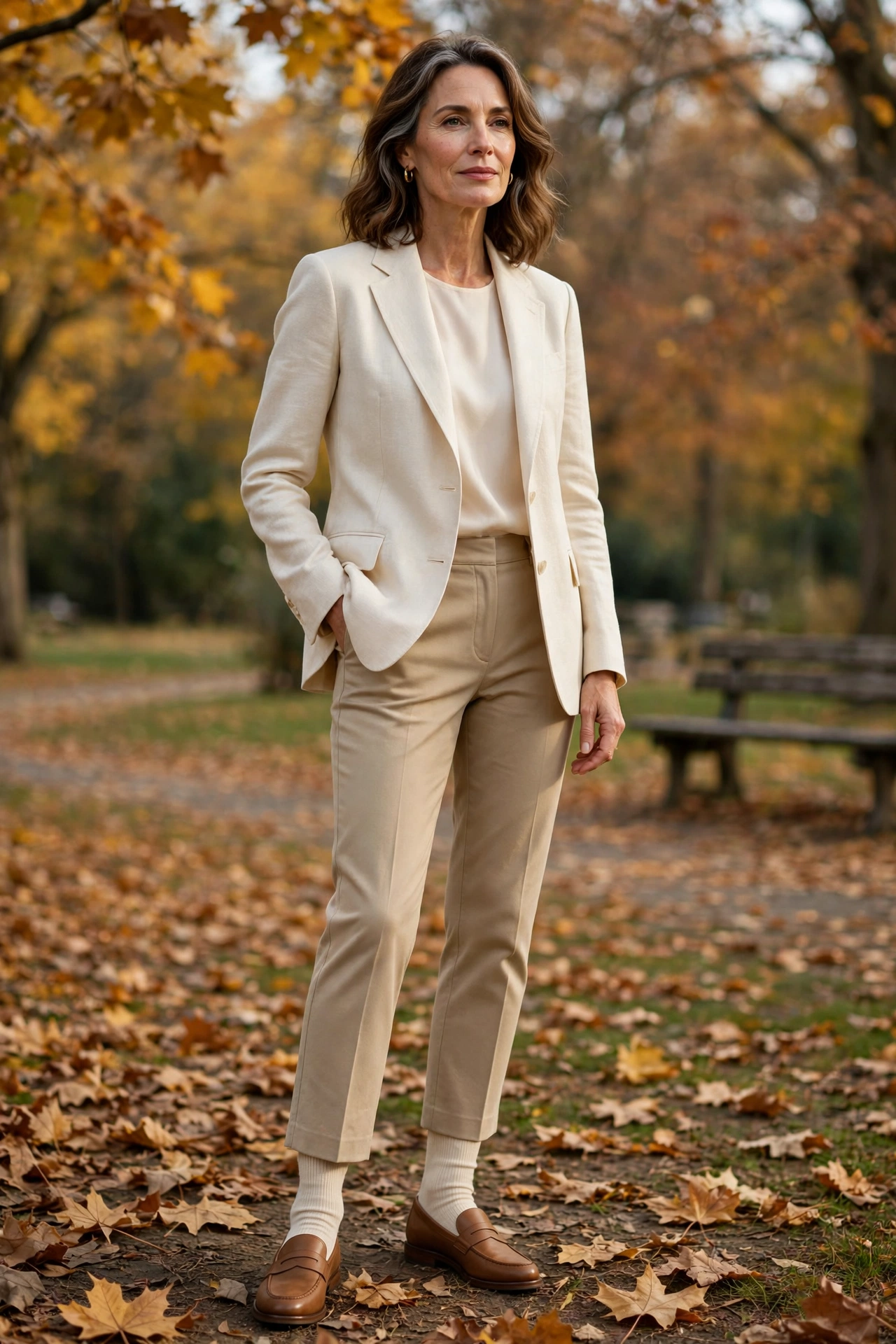 Woman over 50 in cream ribbed ankle socks, camel loafers, cropped chinos, cream blazer