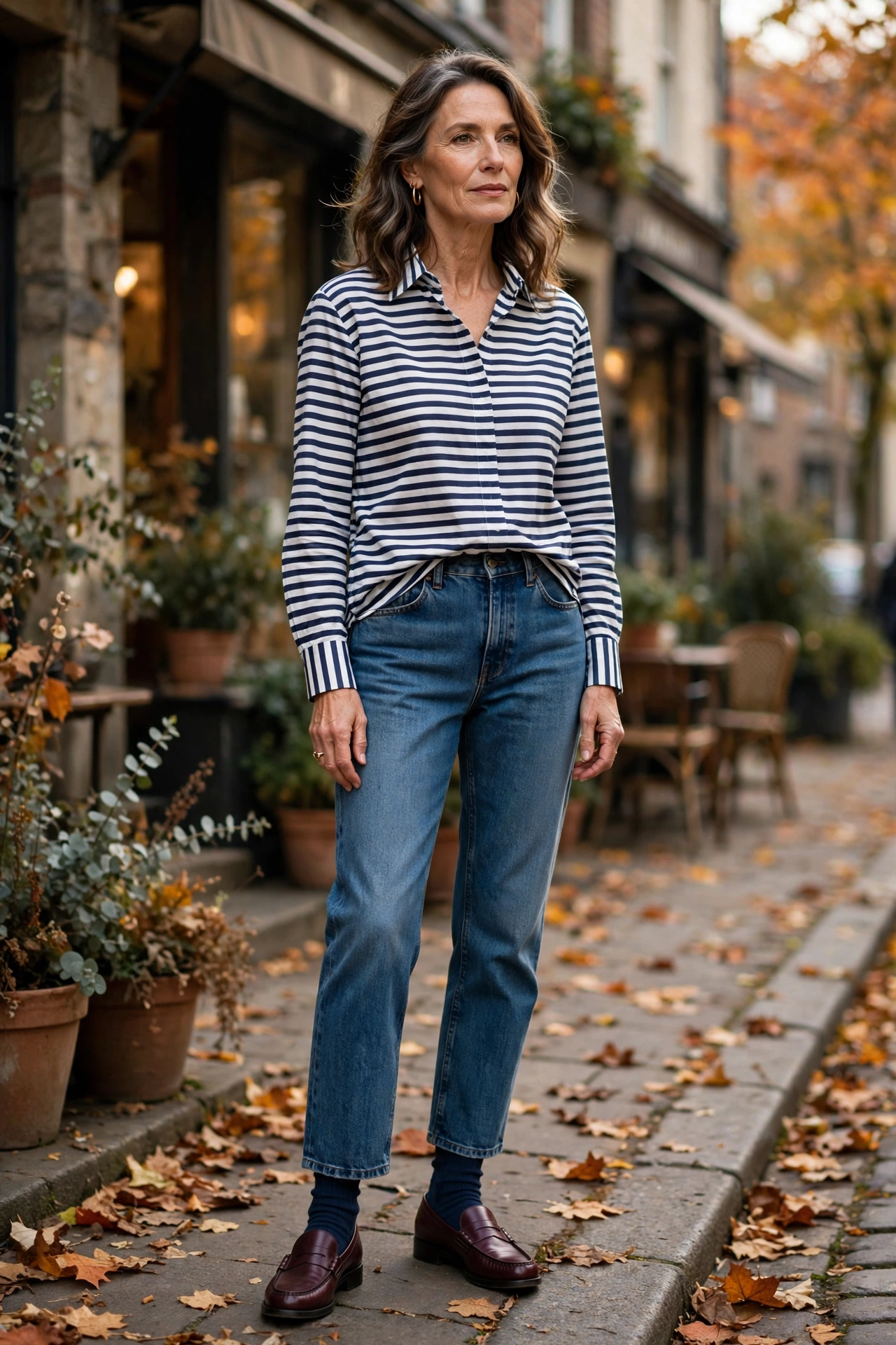 Woman over 50 in navy crew socks, burgundy loafers, jeans, navy striped shirt