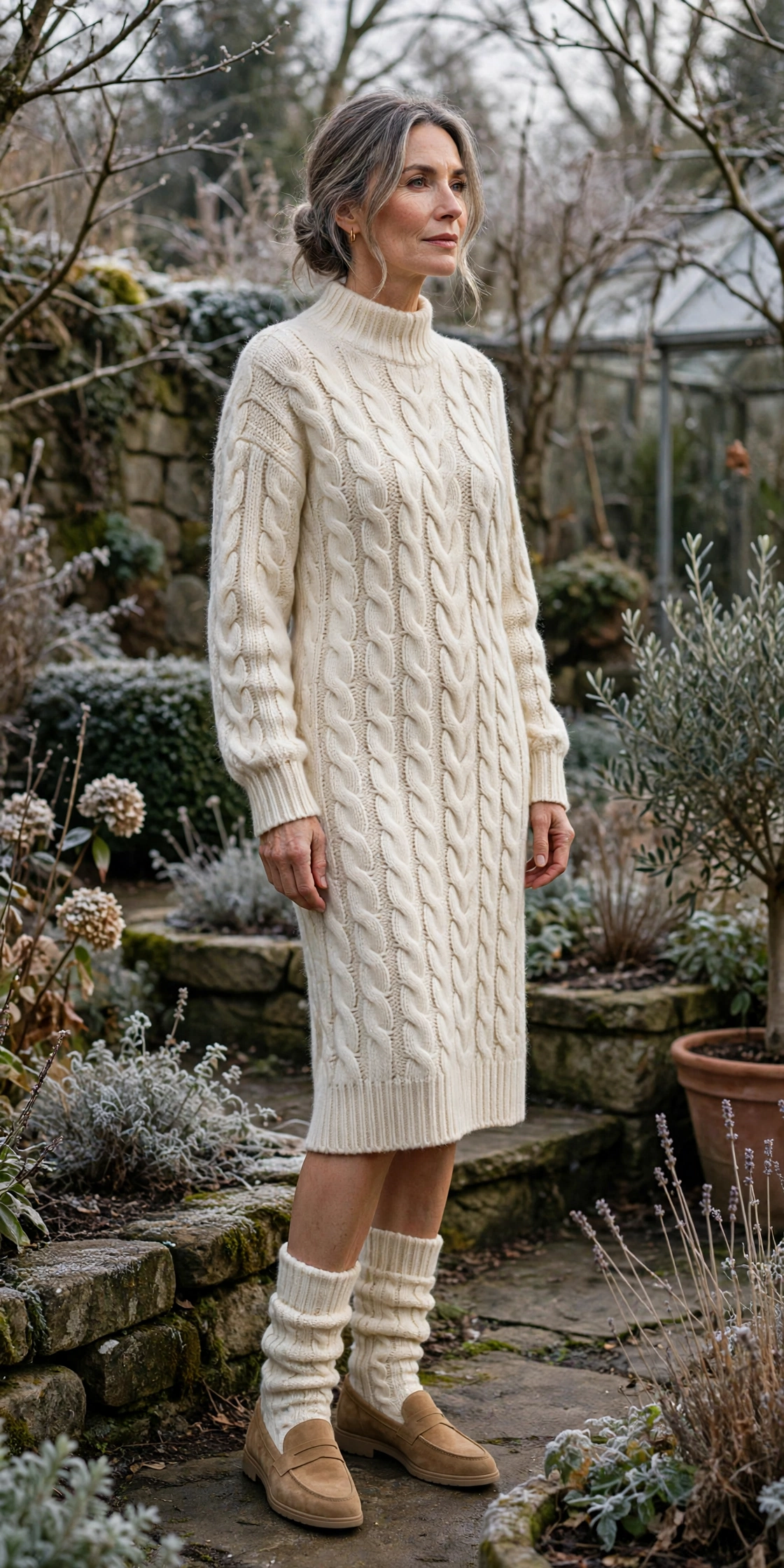 Woman over 50 in chunky cable-knit socks, tan suede loafers, cream cable-knit sweater dress